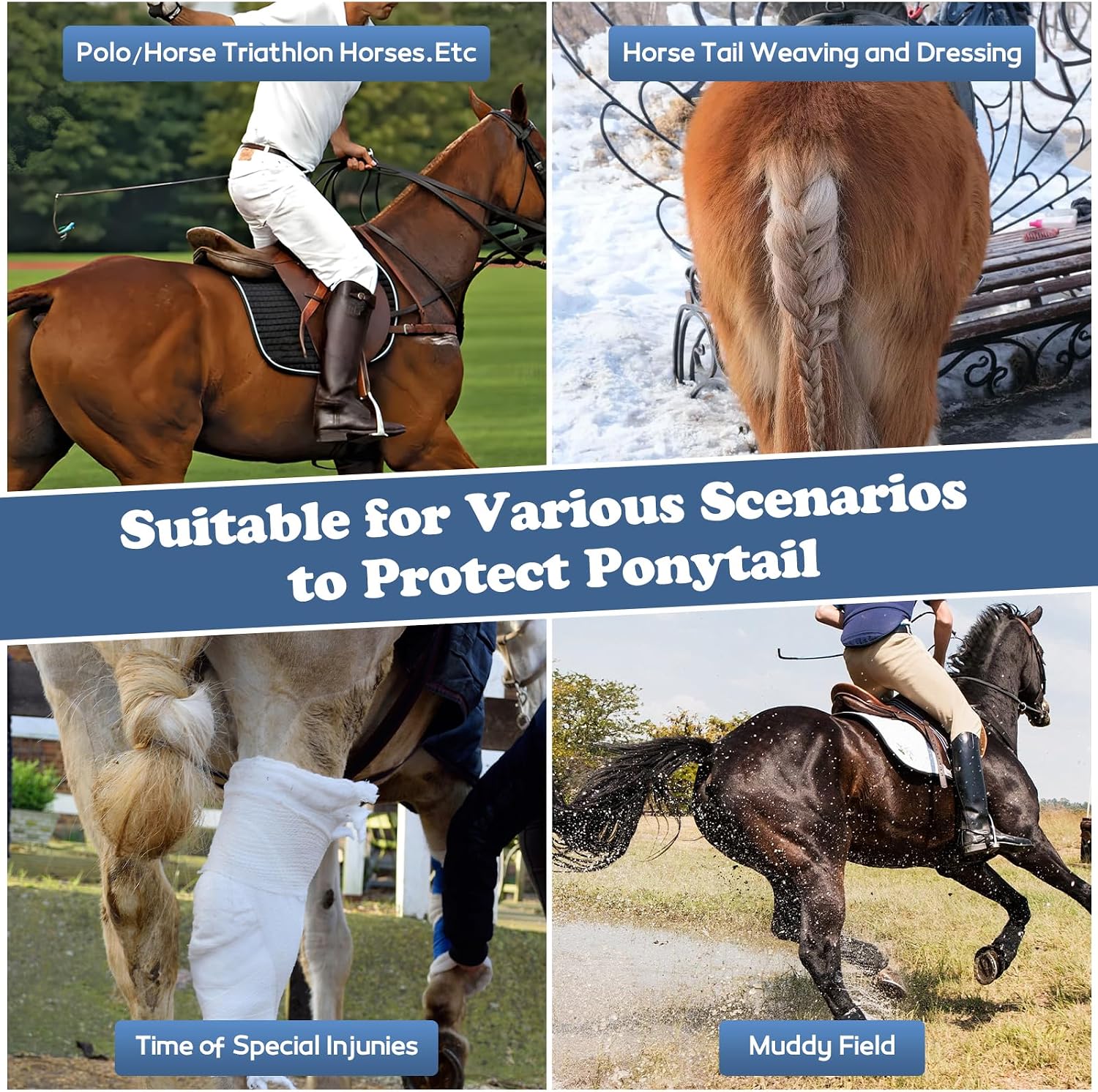 Tail Bags for Horses, 2 PCS Horse Tail Bag with Adjustable Touch Fasteners, Non-Slip Stretchy Horse Tails Wrap for Show and Stable Use, Neoprene, Machine Washable(48x35cm/18.9x13.8in)