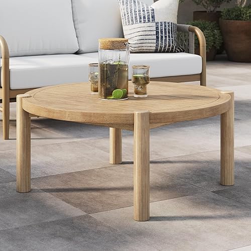 Nathan James Bora Round Outdoor Coffee Table, Farmhouse Wood Coffee