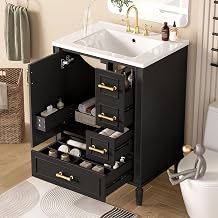 Favfurish 24 Inch Modern Bathroom Vanity with Ceramic Sink, Freestanding Bathroom Cabinet with Soft-Close Door, 3 Drawers, Gold Handles & Door-Mounted Storage Rack, Solid Wood & MDF, Black
