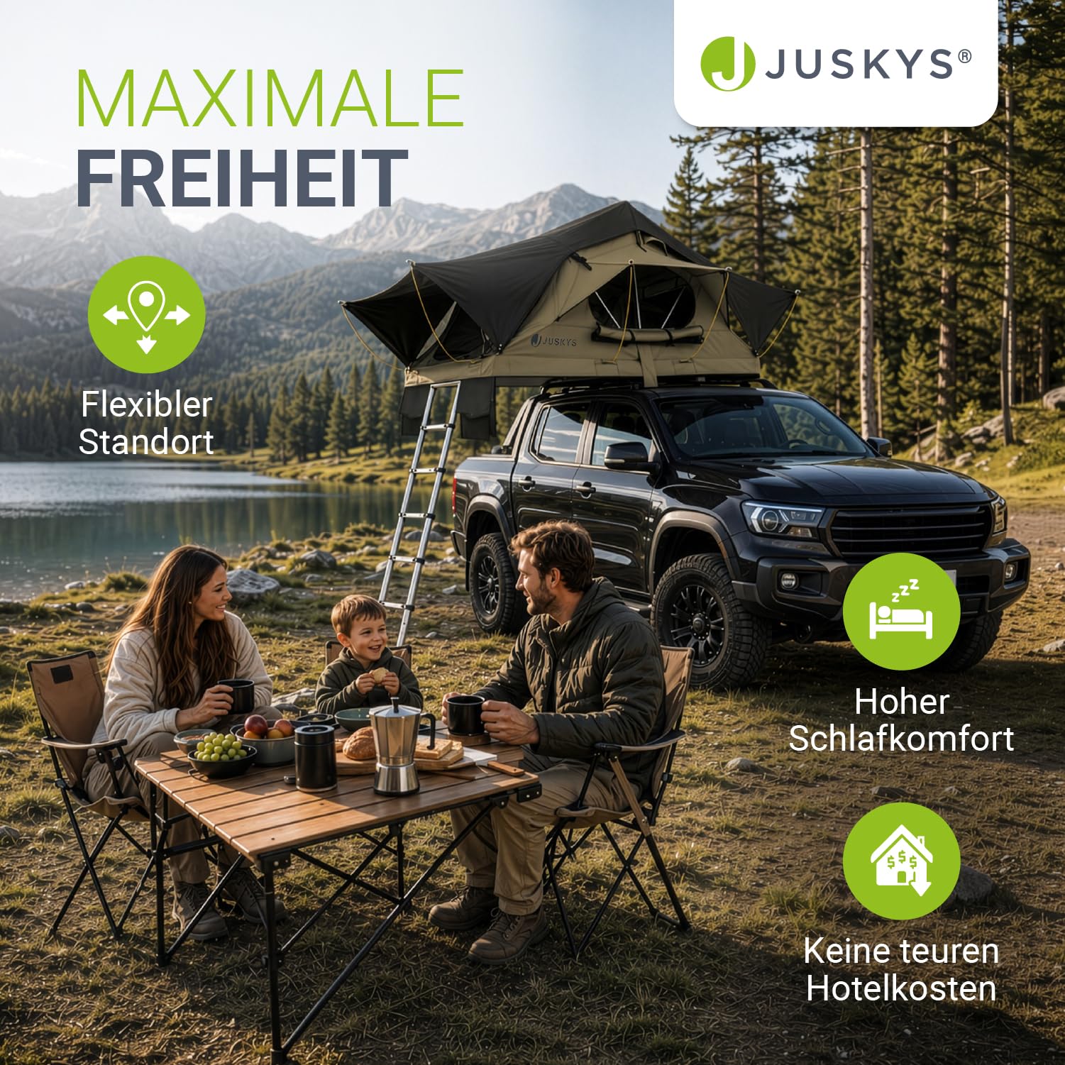 Juskys Autodachzelt Lago - Robuste Konstruktion, wasserabweisend & UV-Schutz, Autodachzelt, Camping, LED-Beleuchtung