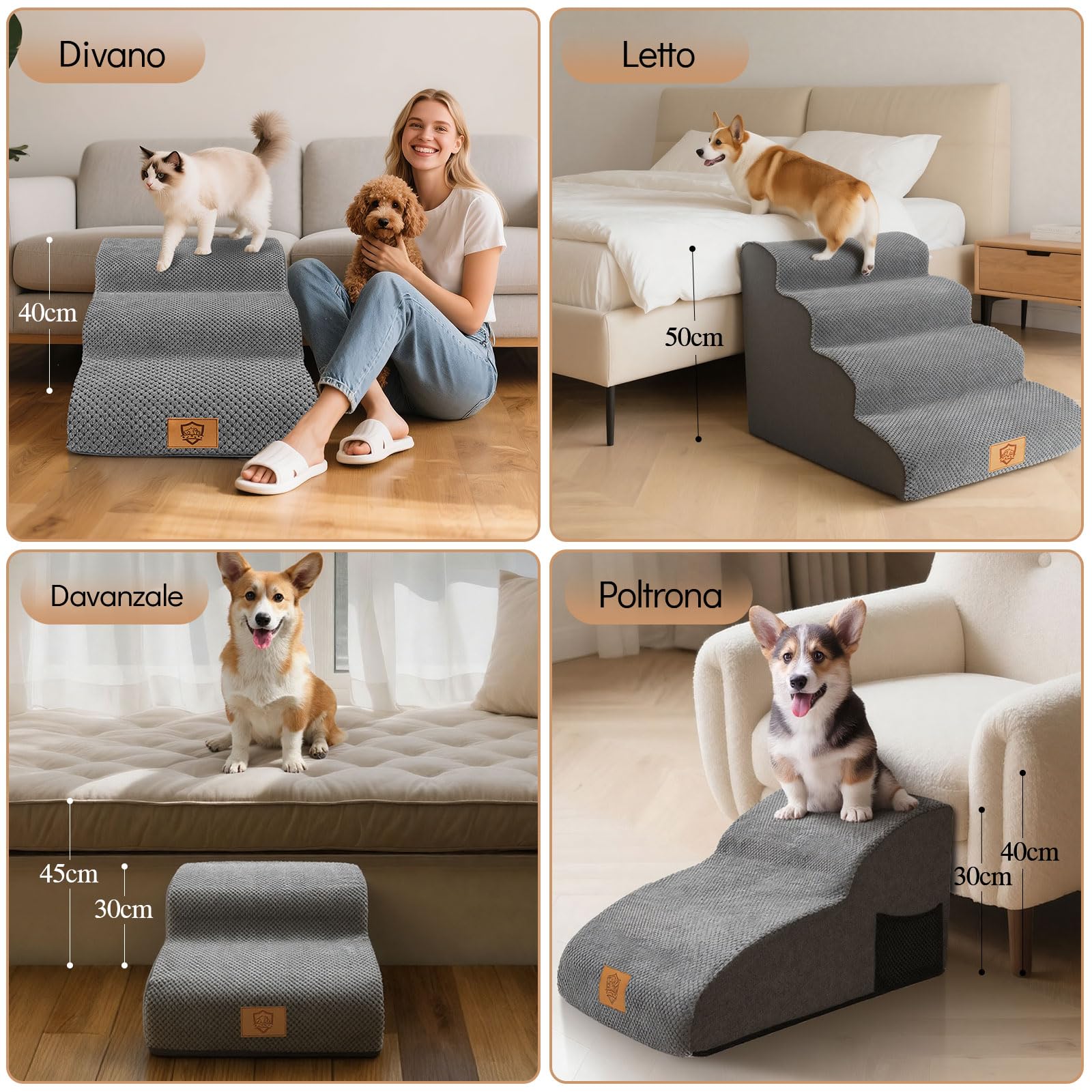 MASTERTOP Scale per Cani 3 Gradini, Scalini Antiscivolo per Gatti e Cani per Divano e Letto, Scaletta Schiuma Alta Densità, Copertura Impermeabile Lavabile (Grigio)