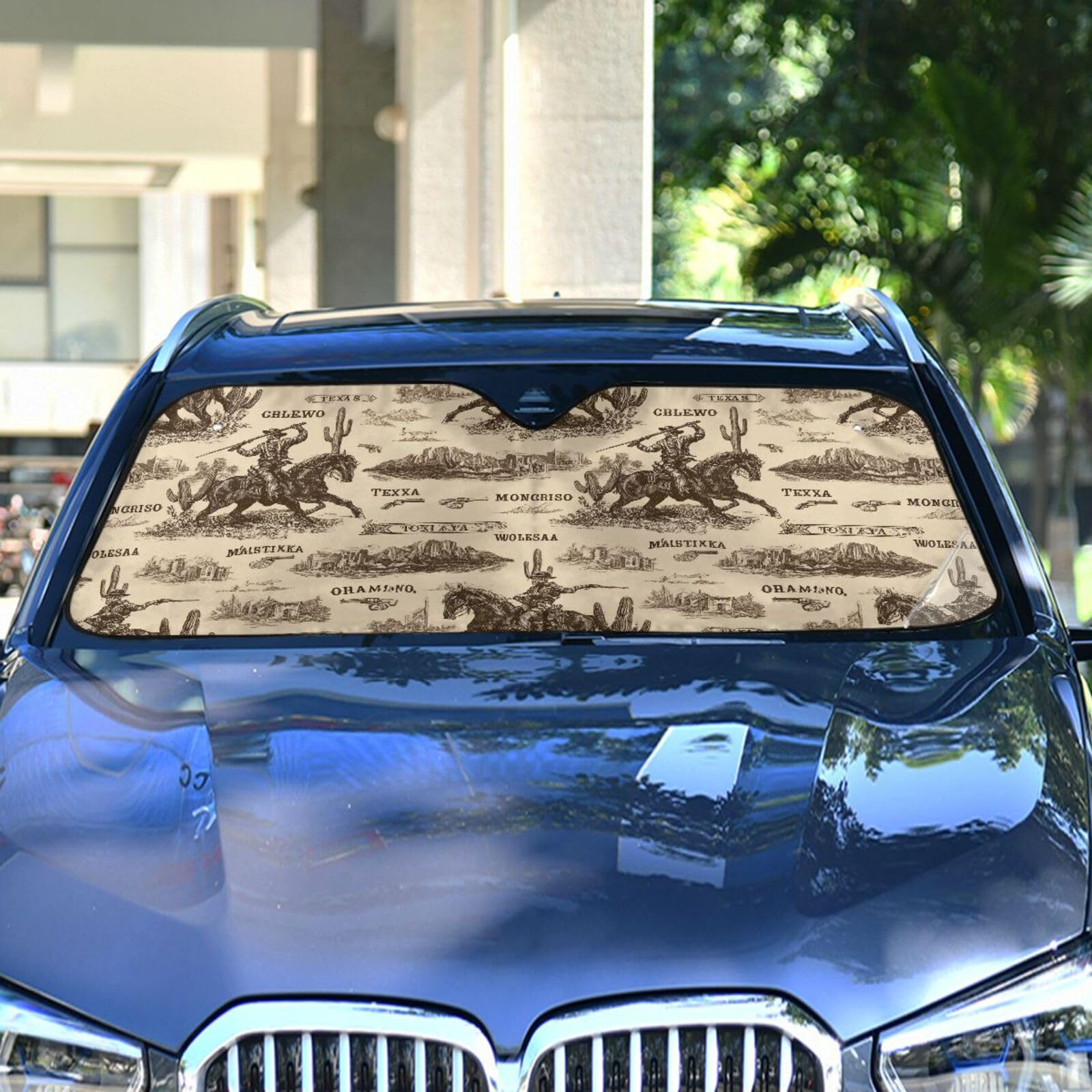 West Cowboy Pferd Auto Windschutzscheibe Sonnenschutz LKW Sonnenschutz Fenster Sonnenblende Abdeckung Halten Sie Ihr Fahrzeug kühl, reflektierender UV-Schutz, faltbar für Auto, LKW, SUV