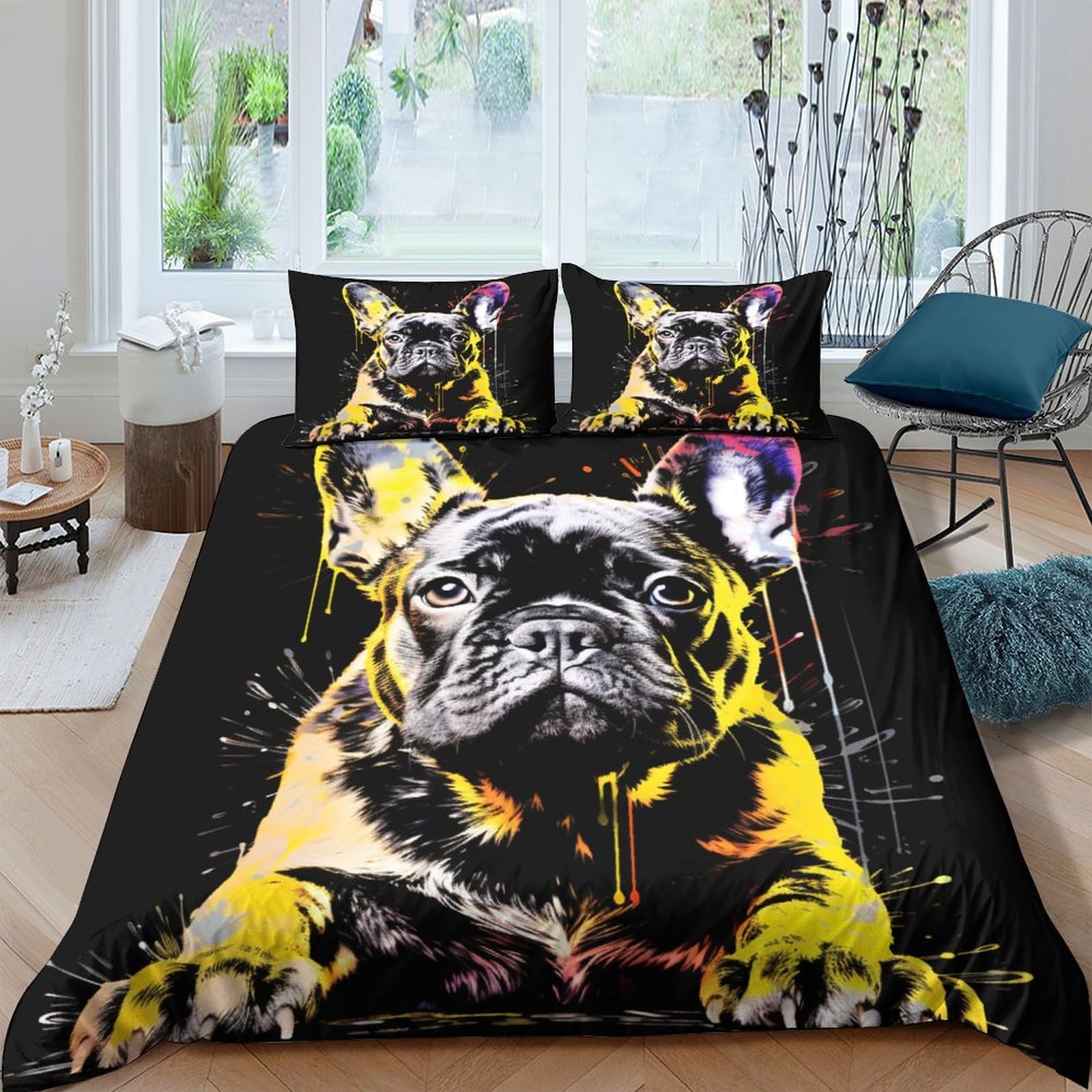Parure de lit 3 pièces bouledogue français housse de couette 200x200 cm lit double microfibre zip