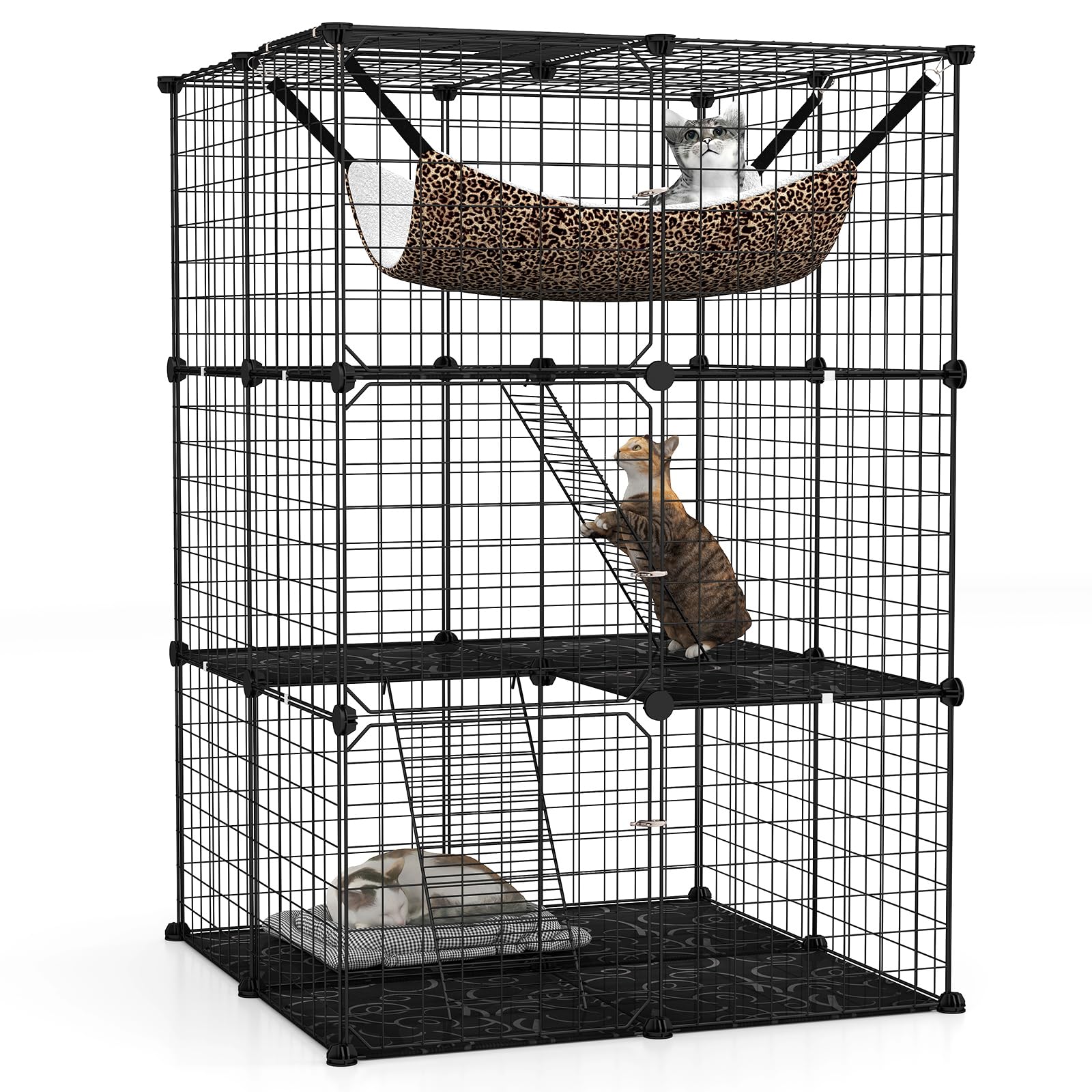 GYMAX Jaula Interior de 3 Niveles para Gatos, con Hamaca, 2 Escaleras, Panel Desmontable, Alambre Metálico y 3 Puertas Bloqueables, Apta para 1-3 Mascotas