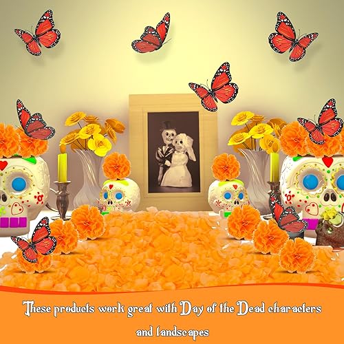 Miniatura 5 de 562 piezas de decoración Dia De Los Muertos, 50 cabezas de flores de caléndula, 12 decoraciones artificiales de mariposa y 500 pétalos de flores