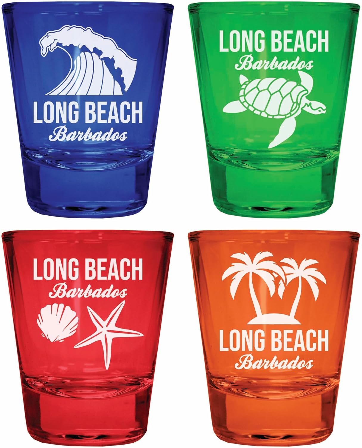 Set de 4 Vasos Shot Grabados Multicolor Playa Long Beach Barbados