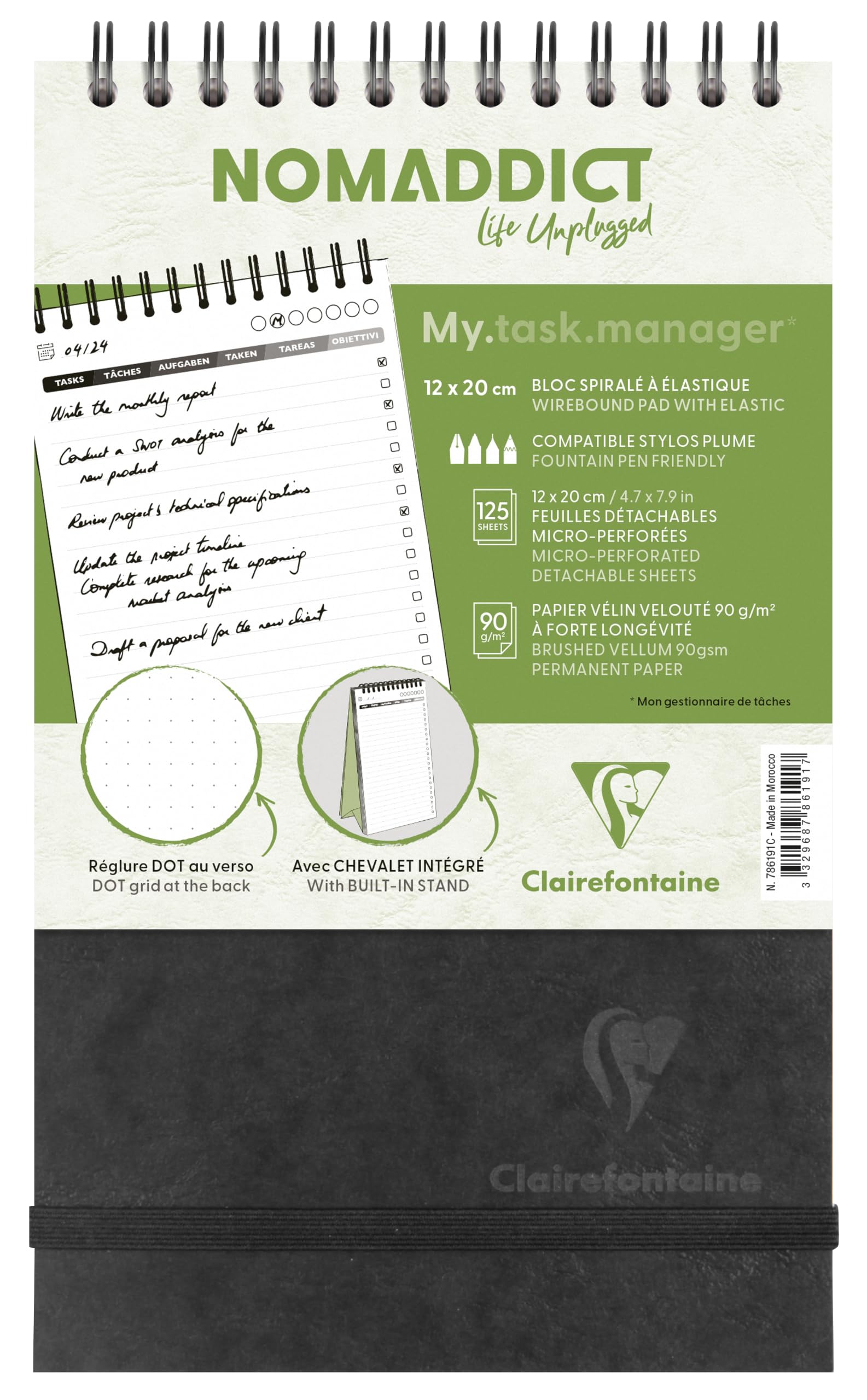 Clairefontaine 786191C Collection Age Bag One Black My.task.manager Spiral Pad w/ Integrated Easel A5 14,8x21cm - 250 Pages DOT White Paper 90g - Leather Cover