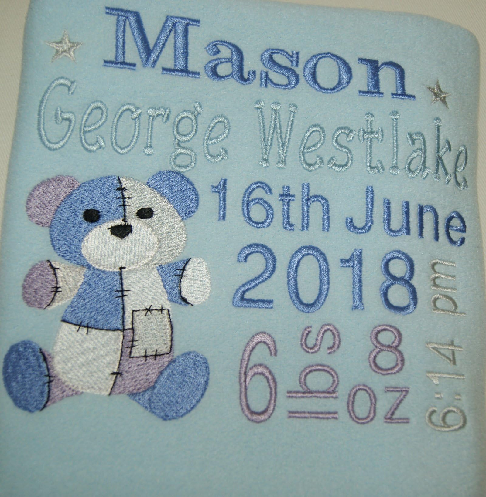 Boys Personalised Super Soft Teddy Birth Blanket. (Blue)
