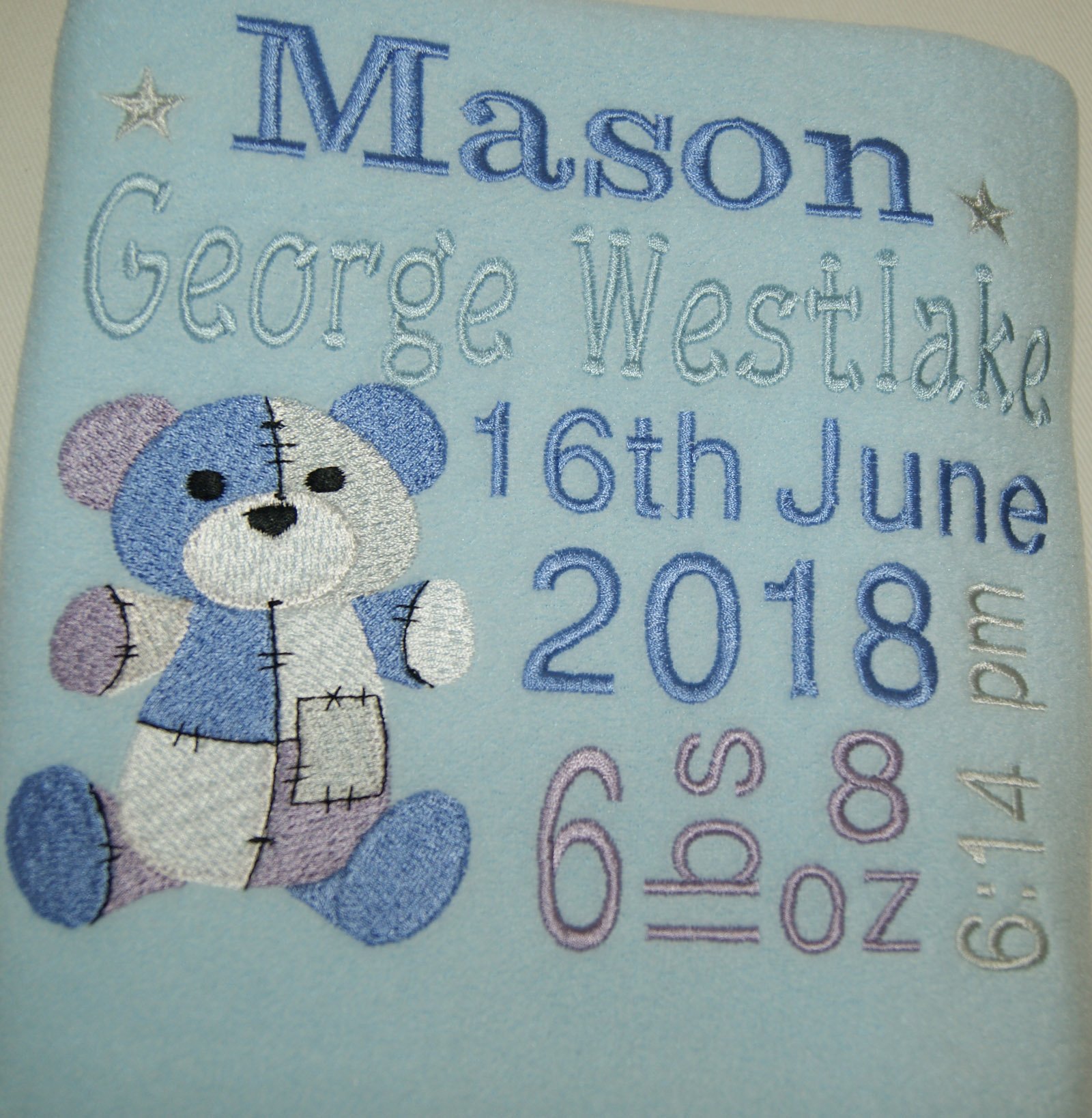 Boys Personalised Super Soft Teddy Birth Blanket. (Blue)