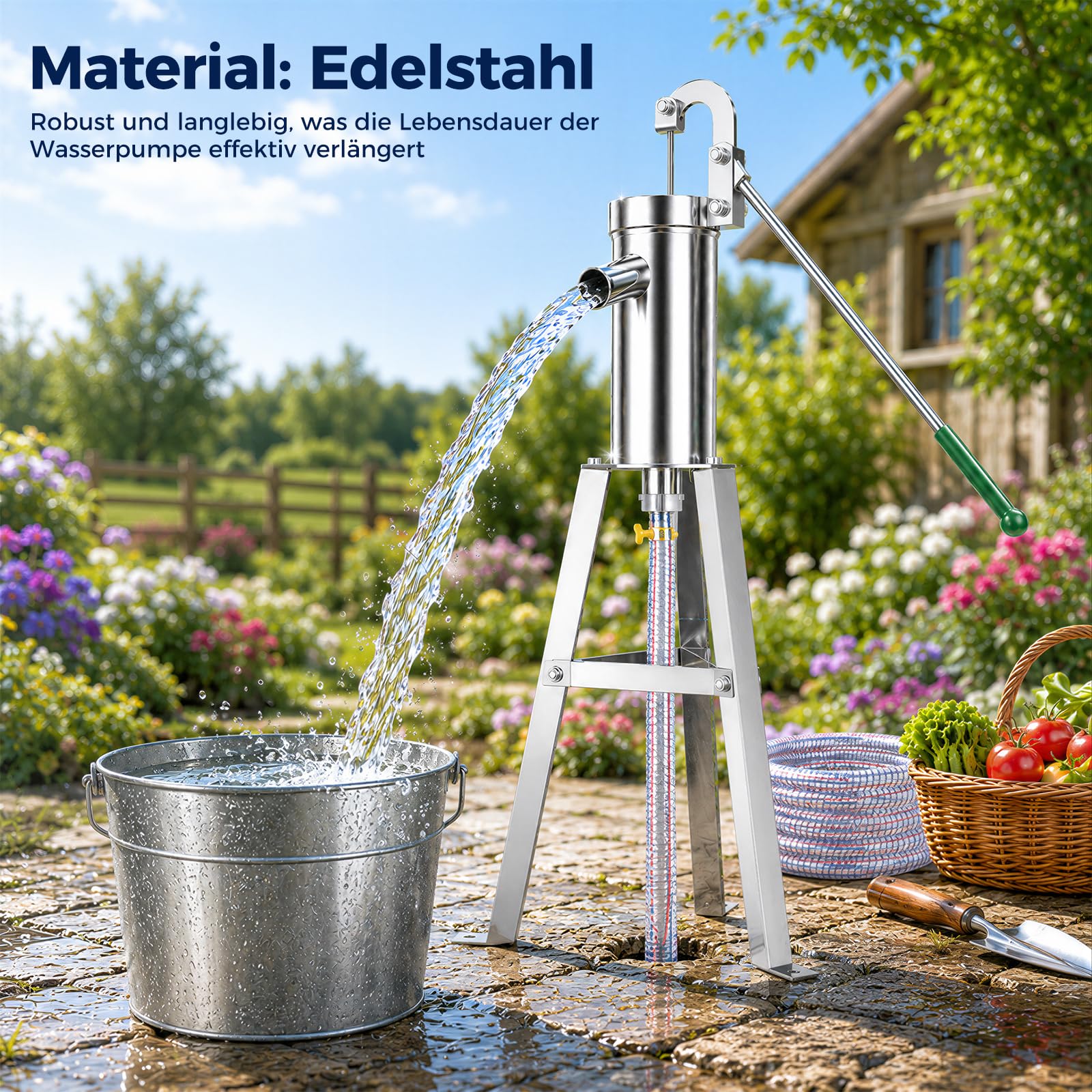 Schwengelpumpe Set, Schwengelpumpe Komplett Set mit 58 cm Ständer & 5 m Schlauch, Handpumpe Wasserpumpe Gartenpumpe Edelstahl Haushalt Grundwasserpumpe Brunnen für Gartenhof Hof und Bauernhof