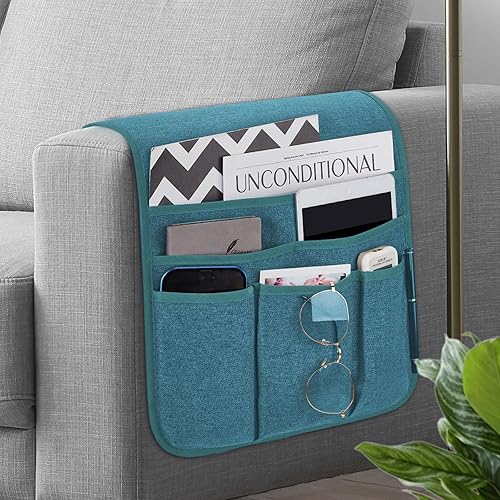 Soporte de control remoto para sillón reclinable, organizador antideslizante con 5 bolsillos para revista, tableta, teléfono, iPad (verde azulado)