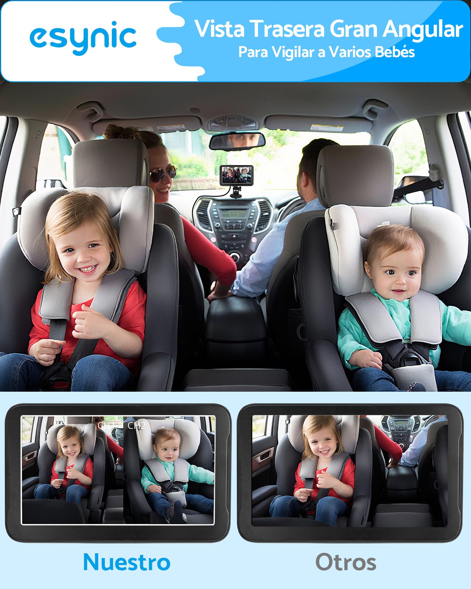 eSynic Cámara Doble para Bebé 1080P con Pantalla Dividida de 7" Monitor de Vigilancia Infantil Espejo Retrovisor con Visión Nocturna Cámara Giratoria 360° Sistema de Seguridad para Asiento Trasero