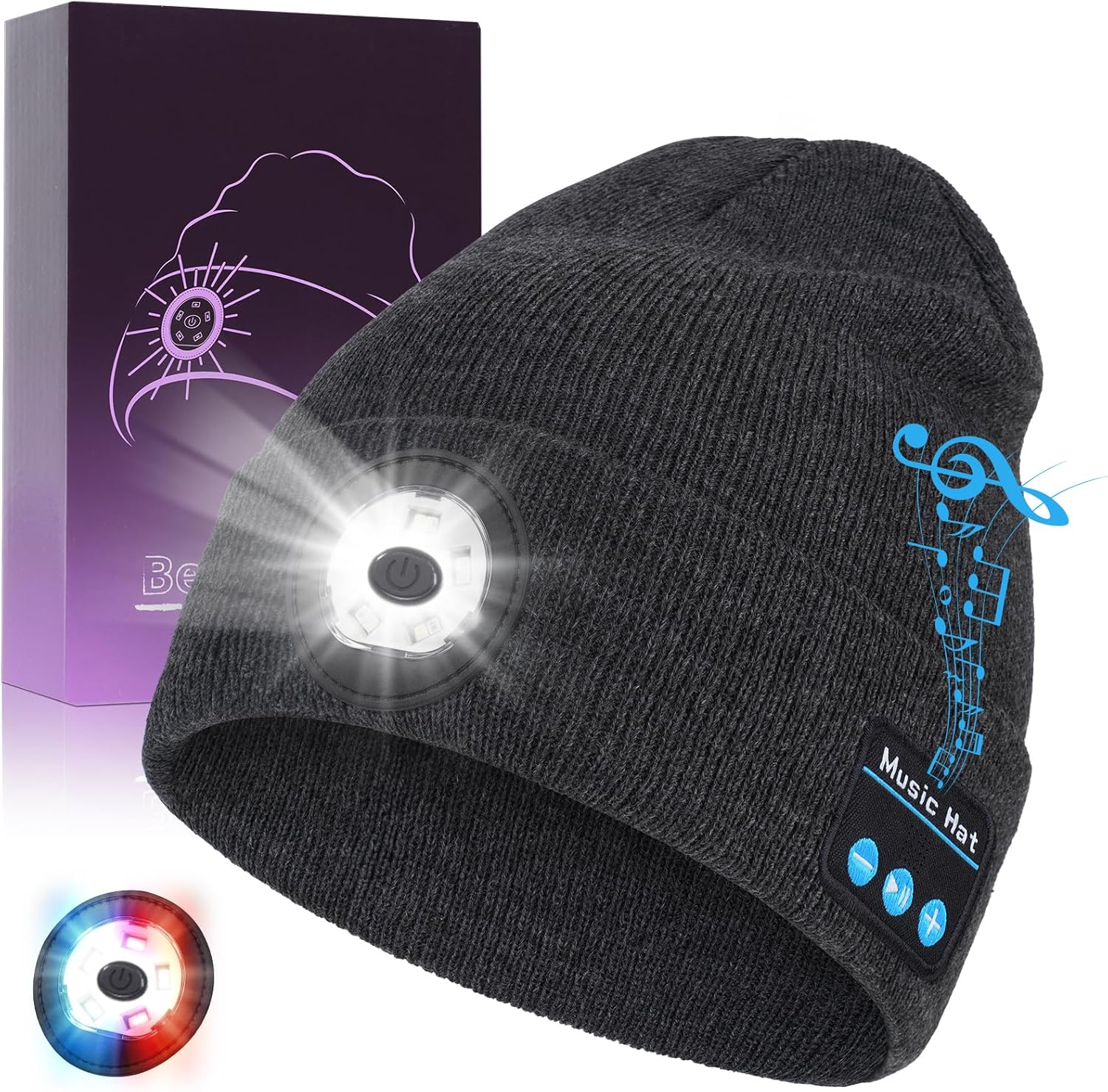 TOPIEI Bluetooth Beanie with Light, USB-C Charging 5 LED Flashlight Hat, Built-in Stereo Speakers Mic, Christmas Stocking Stuffers White Elephant Gifts for Men Dad Teens Boys for Camping Fishing
