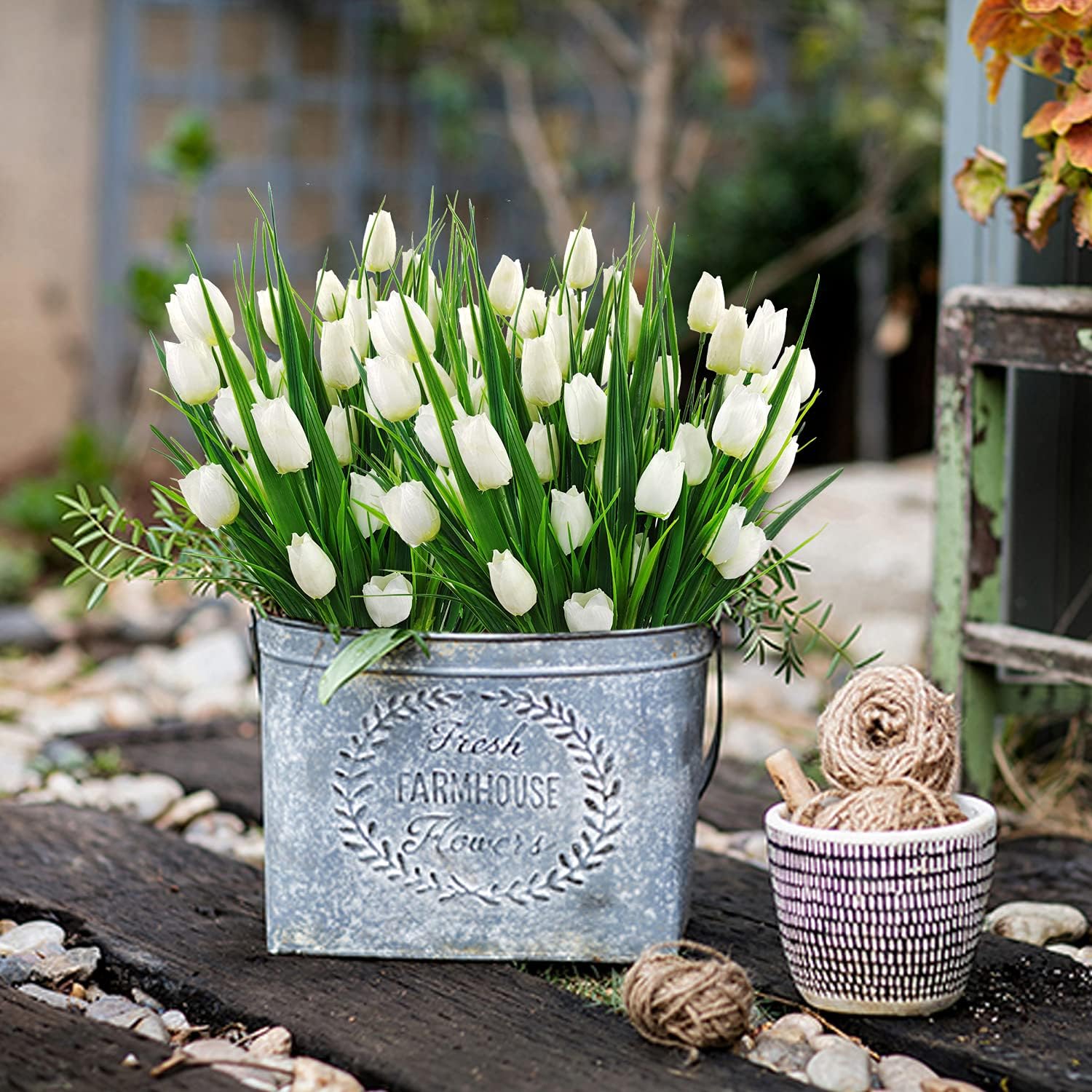 8 Bundles Outdoor Artificial Tulips Fake Flowers UV Resistant Faux Plastic Greenery Shrubs Plants for Home Outside Garden Porch Window Farmhouse Decor (White) - Image 3