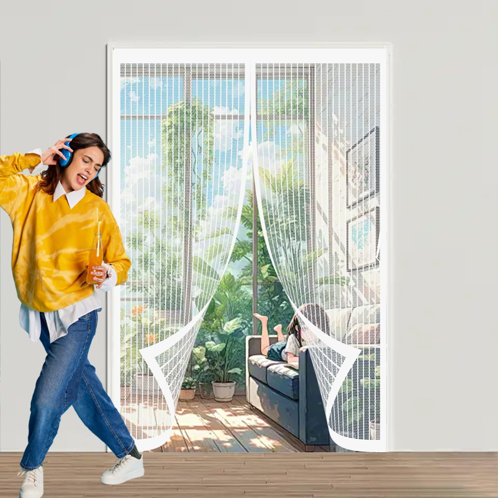 Door Fly Screen Curtain 166 x 188 cm with Powerful Magnets & Full Frame Magic Tape No Gap, Lets Fresh Air in, Keep Bugs Out Magnetic Fly Screen Doors for Patio Doors Bedroom, White