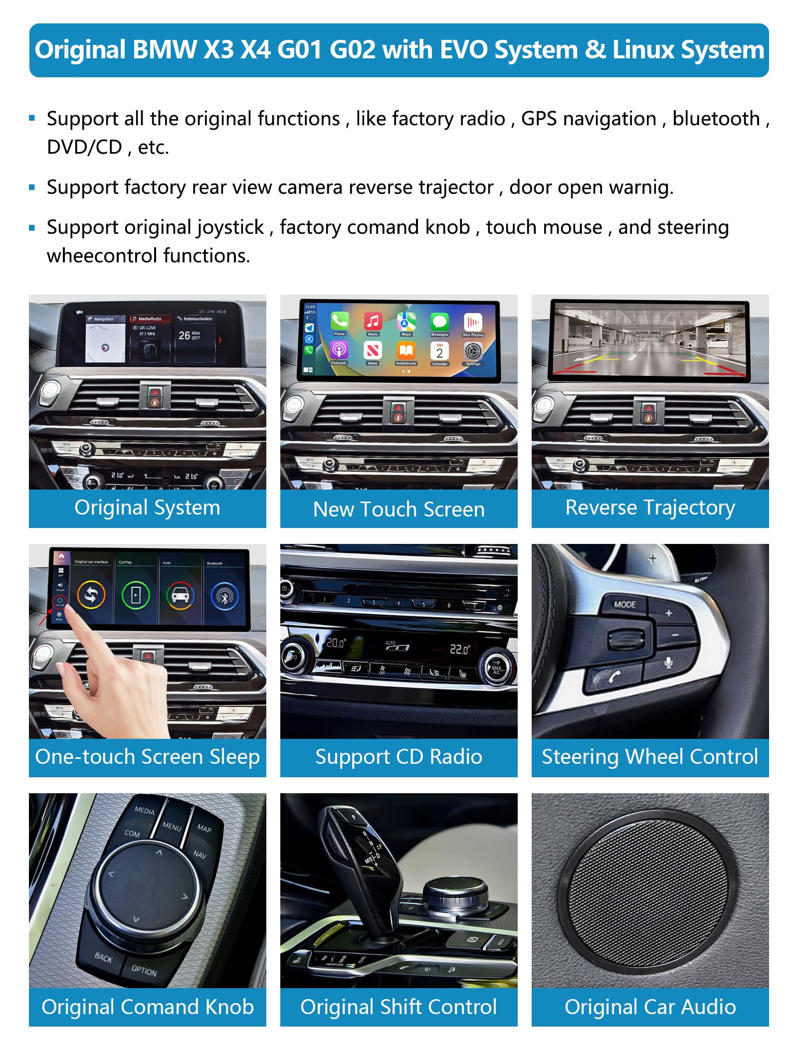 Stereo per Auto da 12,3 Pollici con Schermo Touch per BMW X3/X4 Serie G01 G02 dal 2018 al 2022 con Sistema EVO, Supporto per Apple CarPlay/Android Auto/Mirrorlink/Navigazione