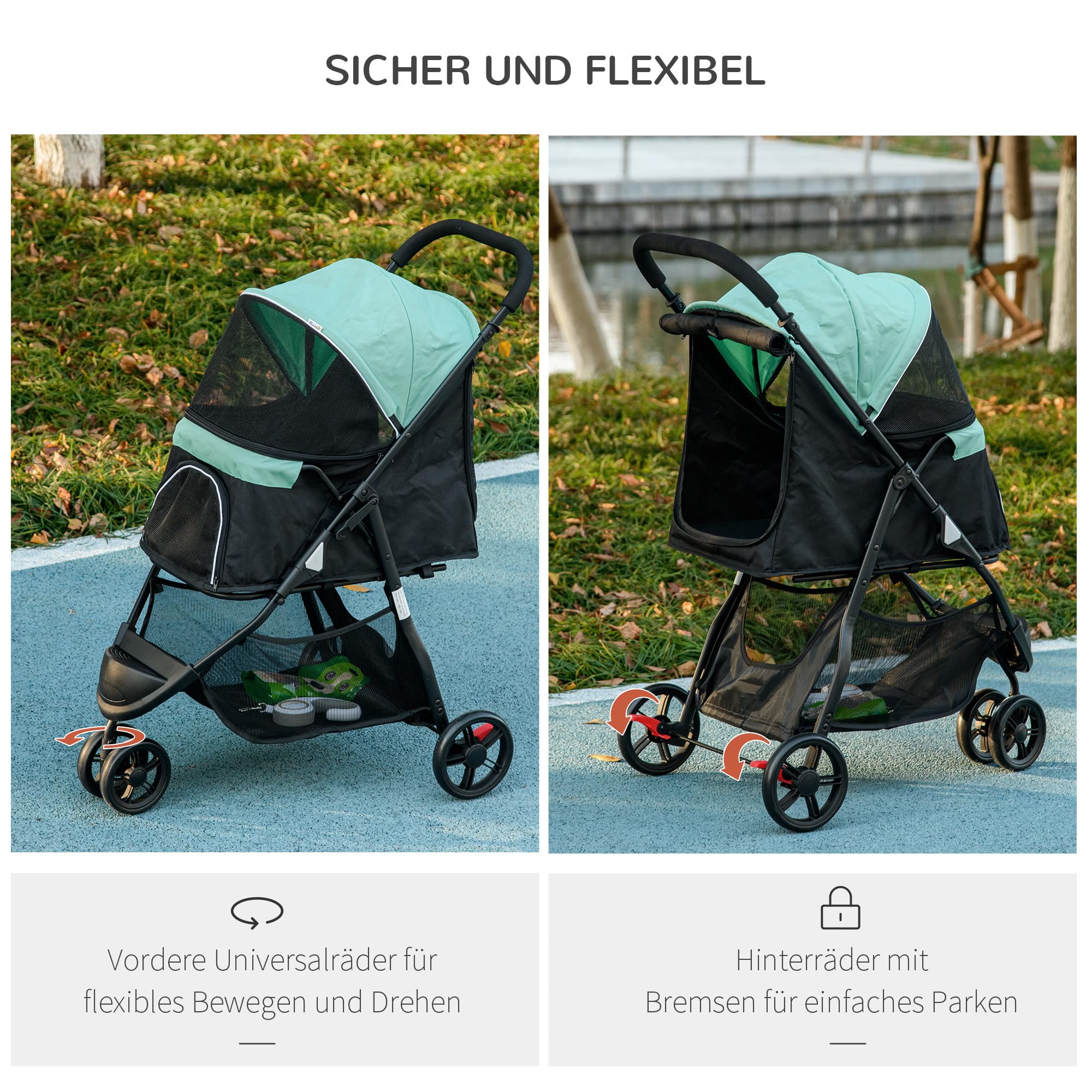 PawHut Hundewagen 2 in 1 Hundebuggy klappbar für Hunde & Katzen bis 10 kg Katzenbuggy mit Kissen Netzfenstern Türen Aufbewahrungskorb Katzenwagen Buggy Grün