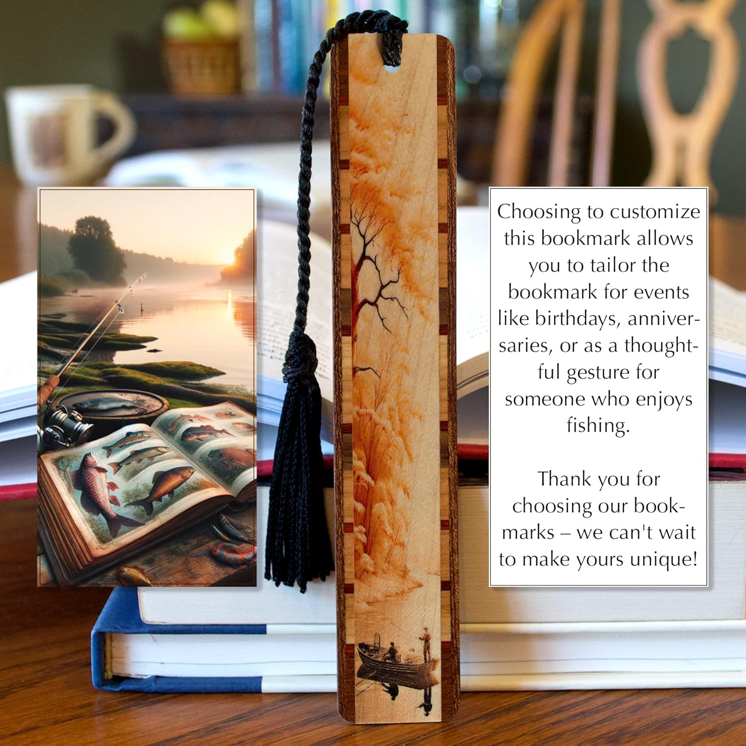 Customizable Fishing The River Handcrafted Wooden Bookmark with Tassel by Mitercraft - Made in USA