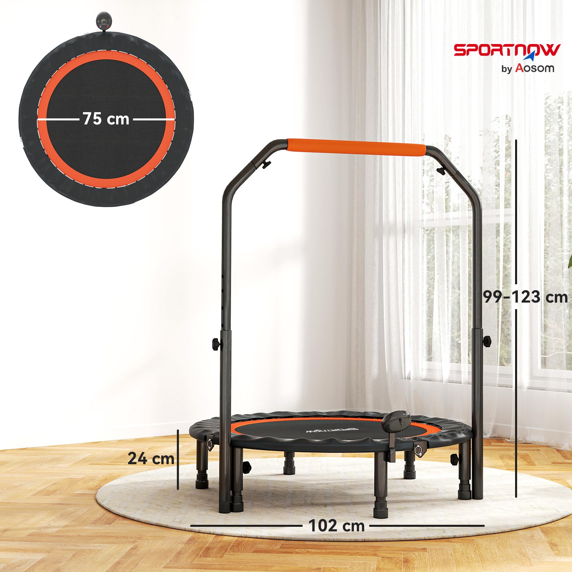 HOMCOM Trampoline de Fitness Gymnastique Trampoline Adulte avec poignée réglable, Pliable, 6 Pieds, 28 Ressorts Ø 102 cm