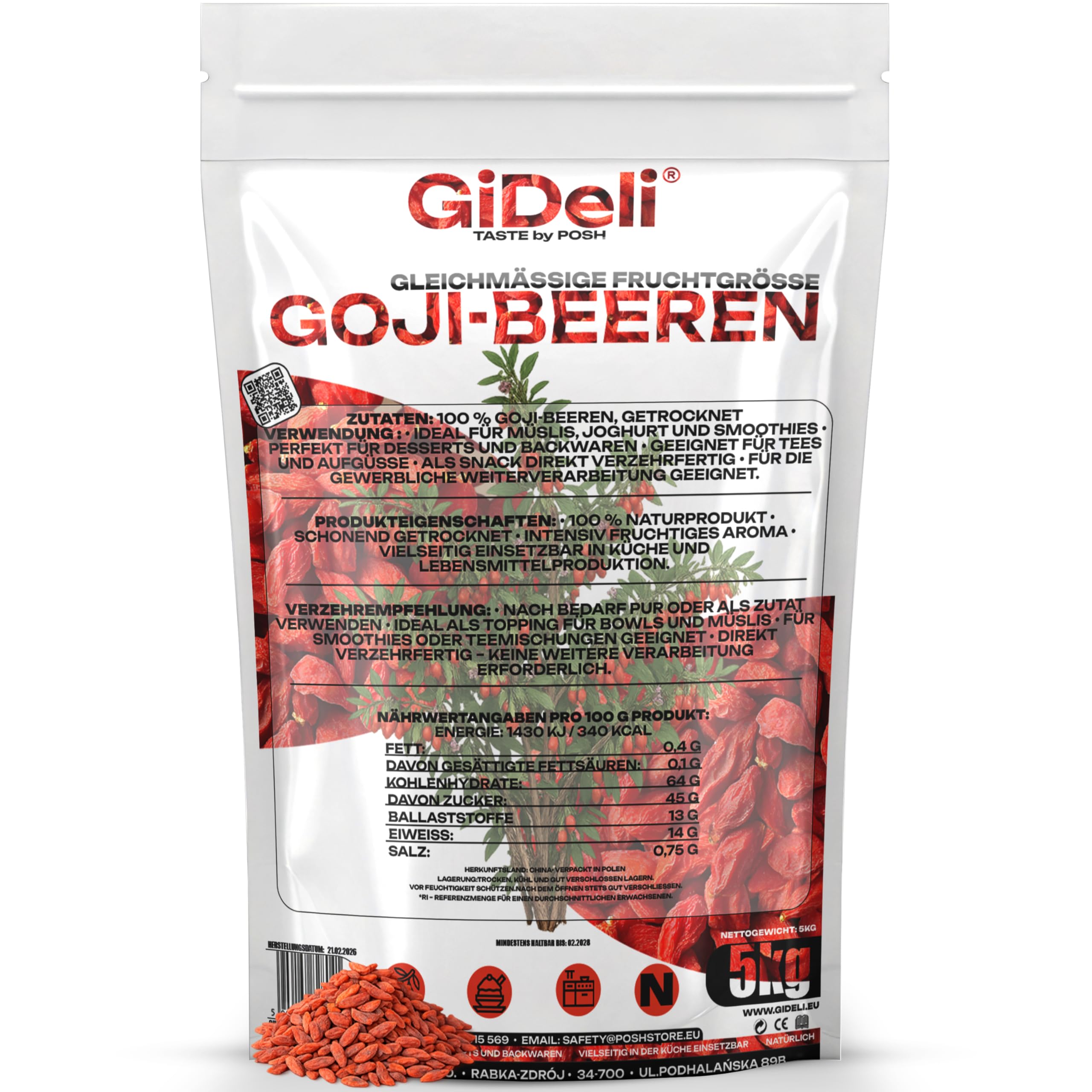 Gideli Goji Beeren 5 kg - Natürliche Zutaten Ohne Zucker und Ungeschwefelt - Getrocknete Früchte ideal für Müsli, Haferbrei, Joghurt und Backwaren - Trockenobst Reich an Vitaminen und Antioxidantien