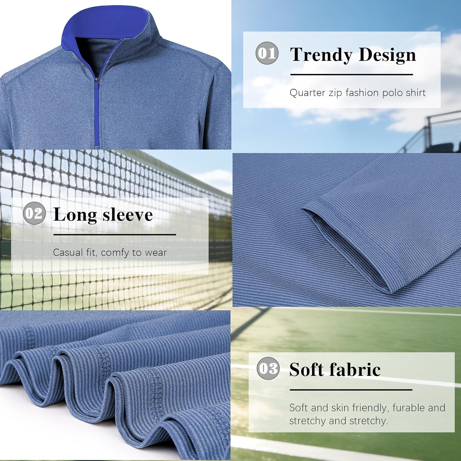 Quarter Zip Pullover Men Golf Shirts Quick Dry Stripe Long Sleeve UPF 50 1/4 Athletic Sun Protection Fishing Running