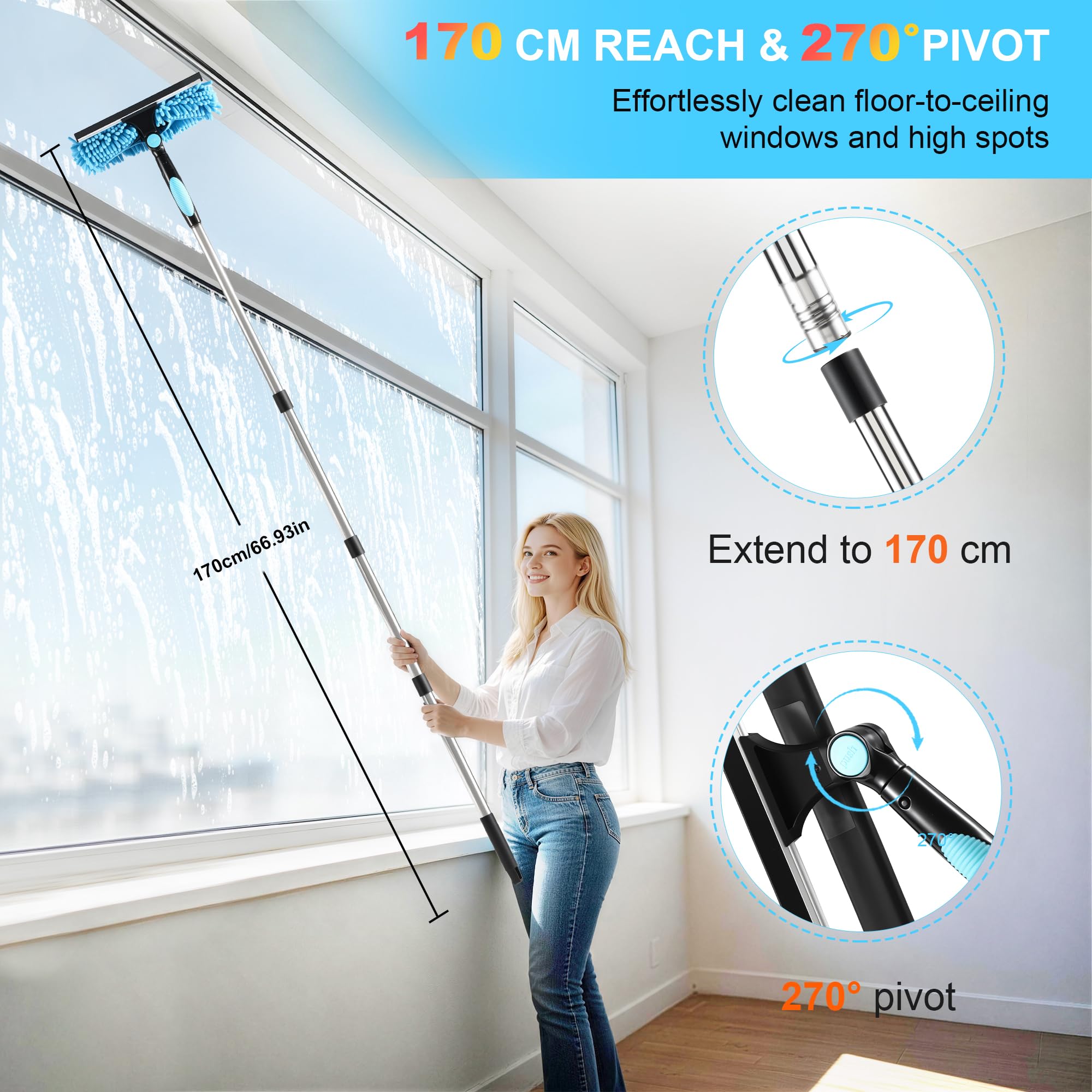 3 en 1 kit Nettoyage vitre 170 cm，Lave vitre telescopiqueavec Manche Long, Mouilleur vitre Professionnel avec Manche Télescopique 4 Sections, pour Fenêtres Hautes, l'Extérieur, Verre，Salle Bain