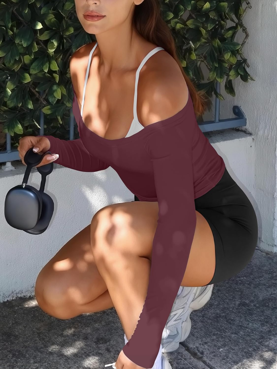 LASLULU Womens Sexy Off The Shoulder Long Sleeve Workout Tops Strapless T Shirts Crop Top Casual Fall Outfits - Image 3