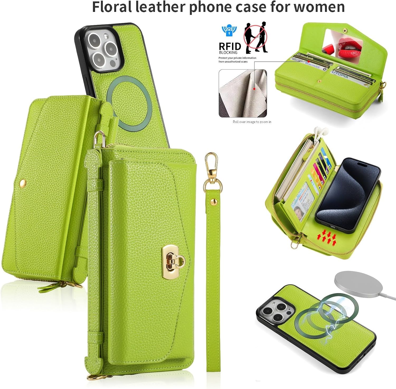 Wallet Case Compatible with iPhone 17/16/15/14 Series with RFID Blocking Card&Cash Slot Detachable Wrist&Shoulder Strap Support Magnetic Wireless Charging (iPhone 16 Pro Max,Orange)