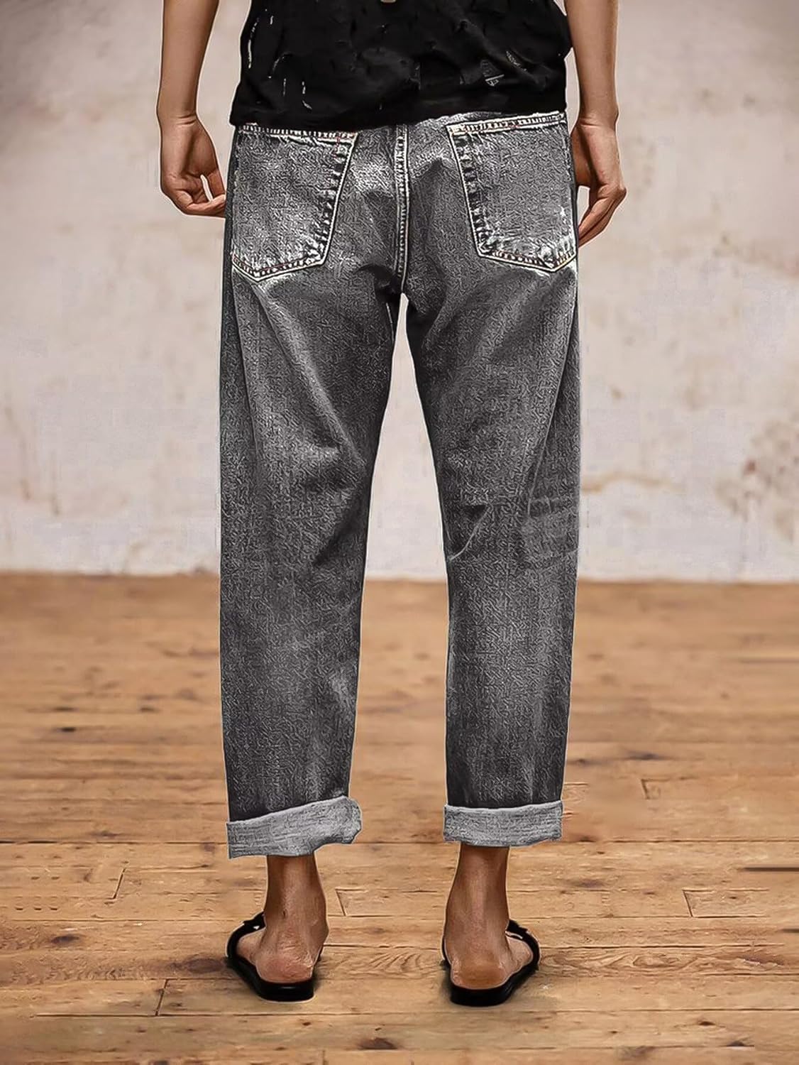 Flamingals Straight Leg Jeans for Women Boyfriend Mid Rise Roll Hem Wash Cropped Denim Pants Without Belt - Image 2