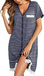 Ekouaer Nightgowns for Women Button Down Nightgown Striped Dress Short Sleeve Sleepwear S-3XL