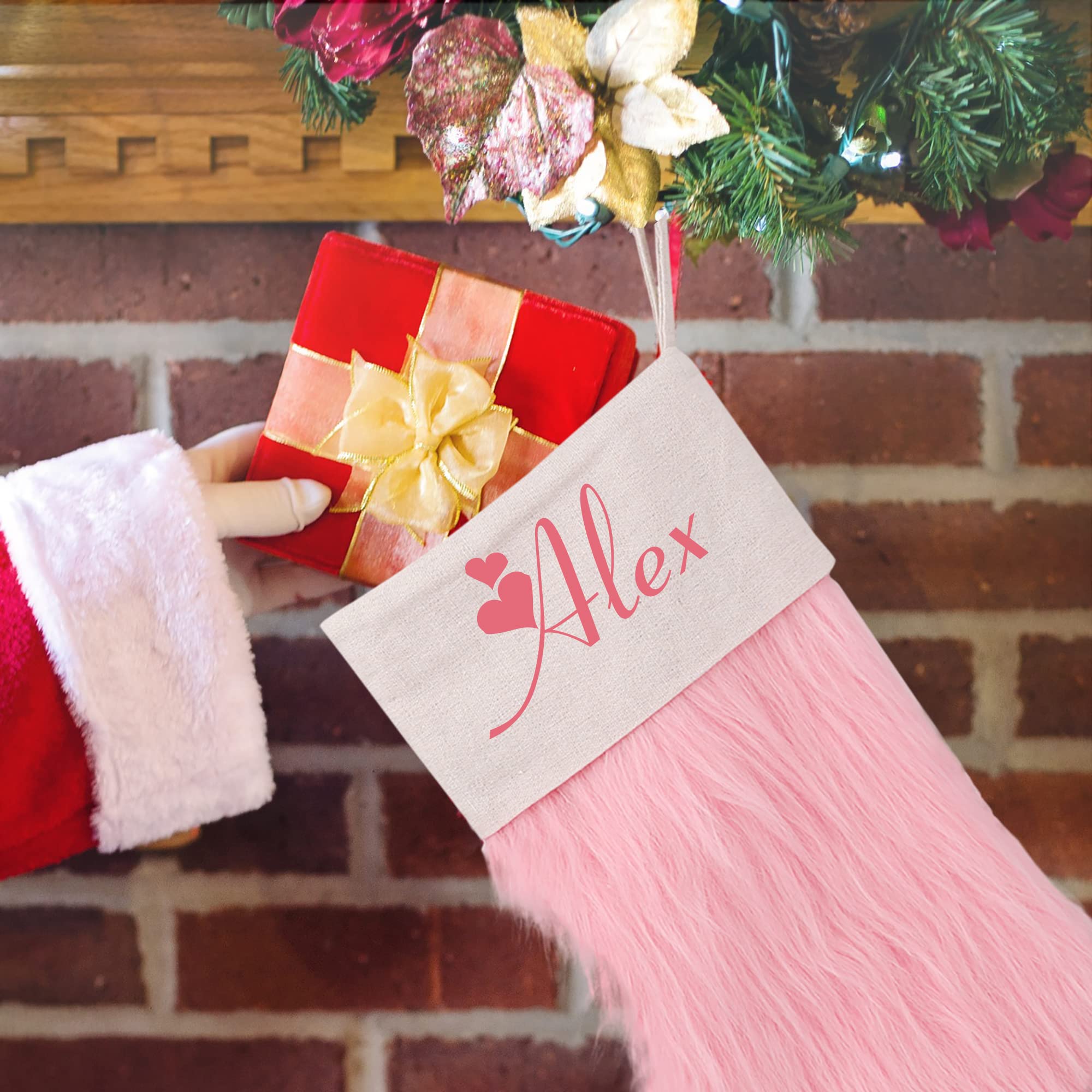 Calza Natalizia in Finta Pelliccia Rosa con Nome Personalizzato Decorazioni Natalizie Calzini da Appendere Ornamenti Camino Decorazioni Ornamenti