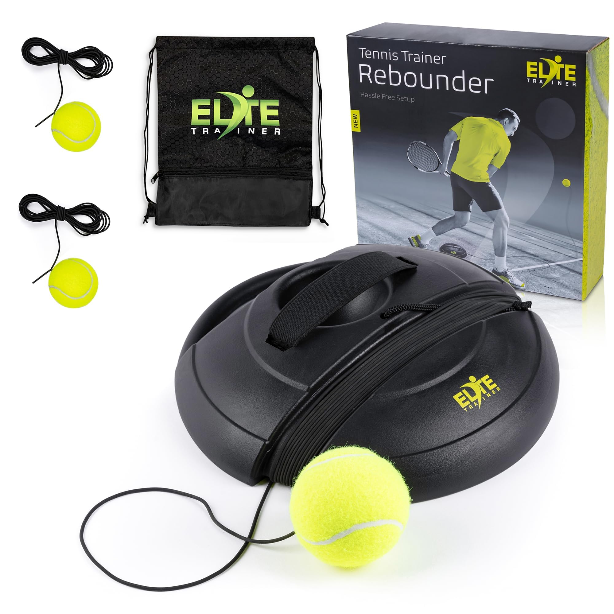 TBA Elite Trainer - Set di palline da tennis con rimbalzo | Base di alimentazione resistente, non richiede riempimento | Viene fornito con palla extra, corda lunga e borsa a rete personalizzata |