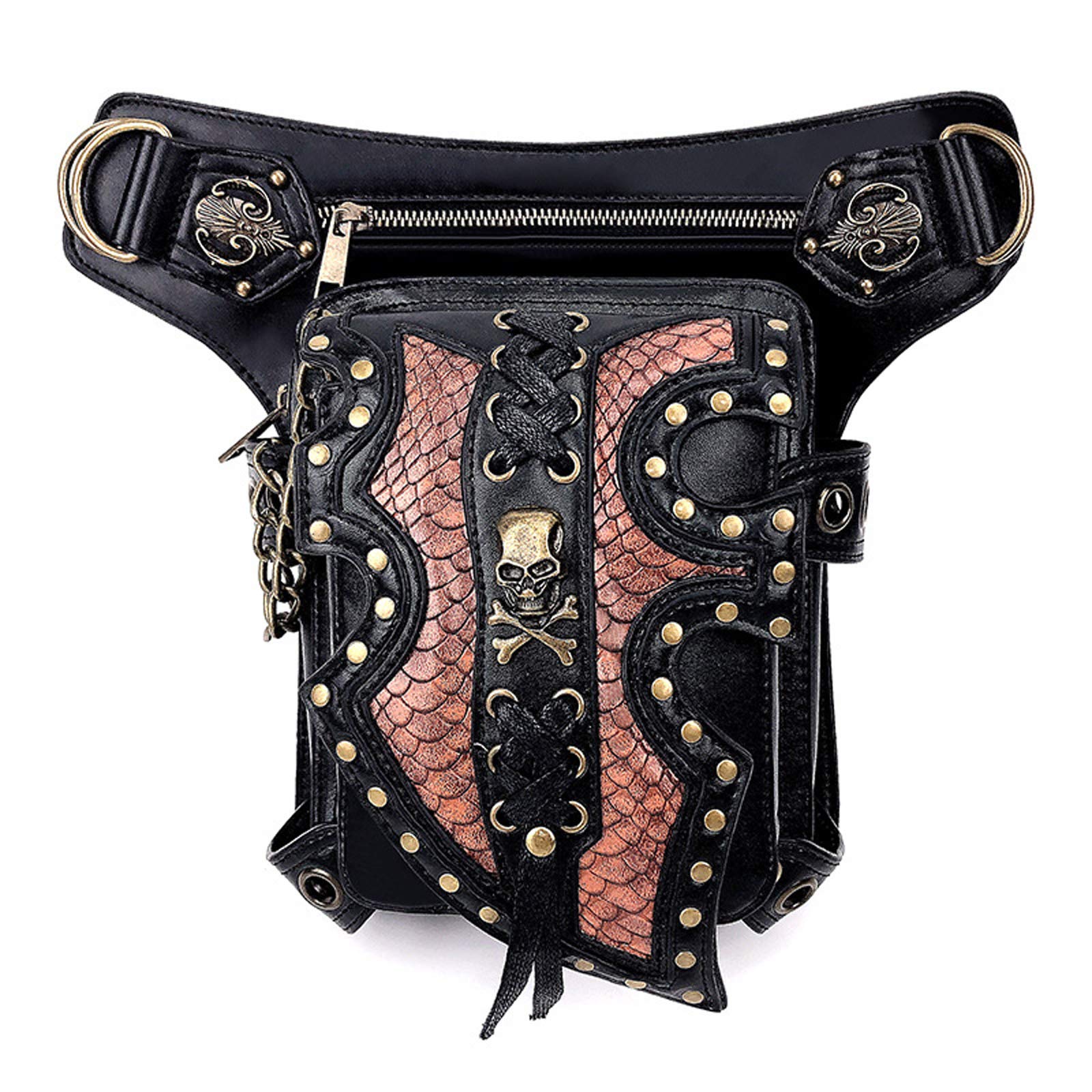 Vintage Marsupi sportivi Borse Vita Steampunk da Donne Uomini Borse a spalla PU Pelle Impermeabile Waist Gamba Borsa Multiuso Nero Borsello da Motociclista Trekking Sacchetto