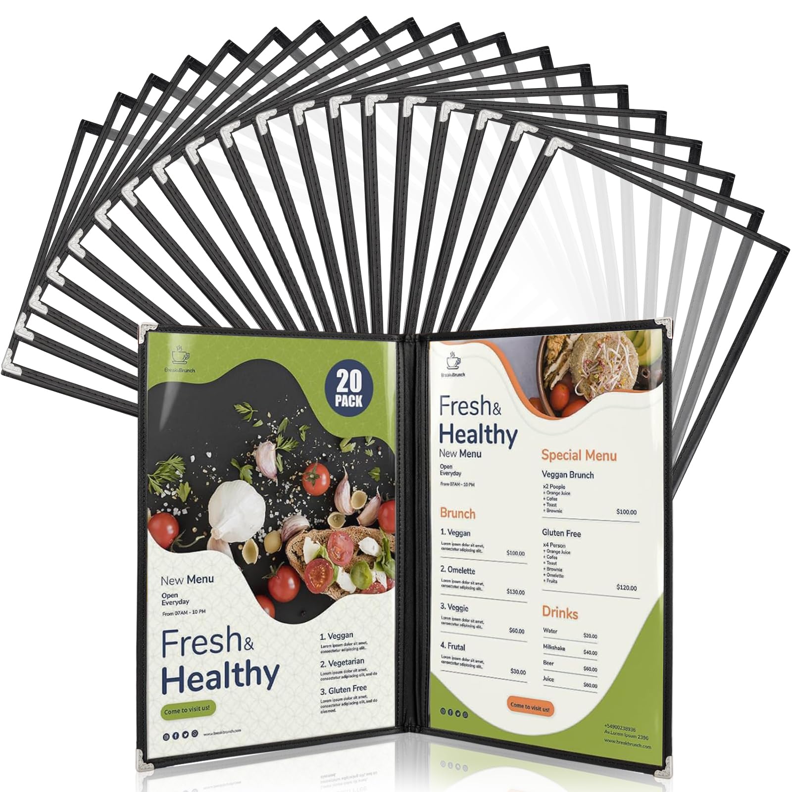 A4 Menu Covers(20 Pack), 2 Pages 4 Views Cafe Style Menu Holders, Black Trim Clear View Wine Menu Cover with Metal Corner Protectors, Fits A4 Size Paper for Restaurants Bars Cafes Homeschool