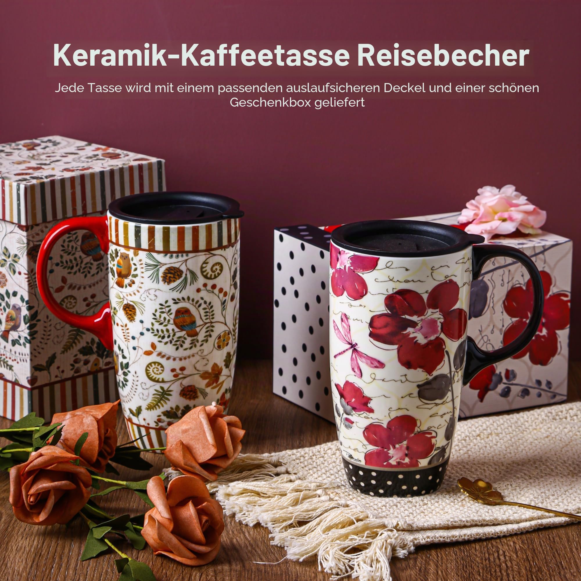Topadorn Keramik 500ml set of 2 Große Teetasse Mikrowellengeeignet Spülmaschinenfest Nachhaltig Becher mit Deckel Muttertag Geschenk