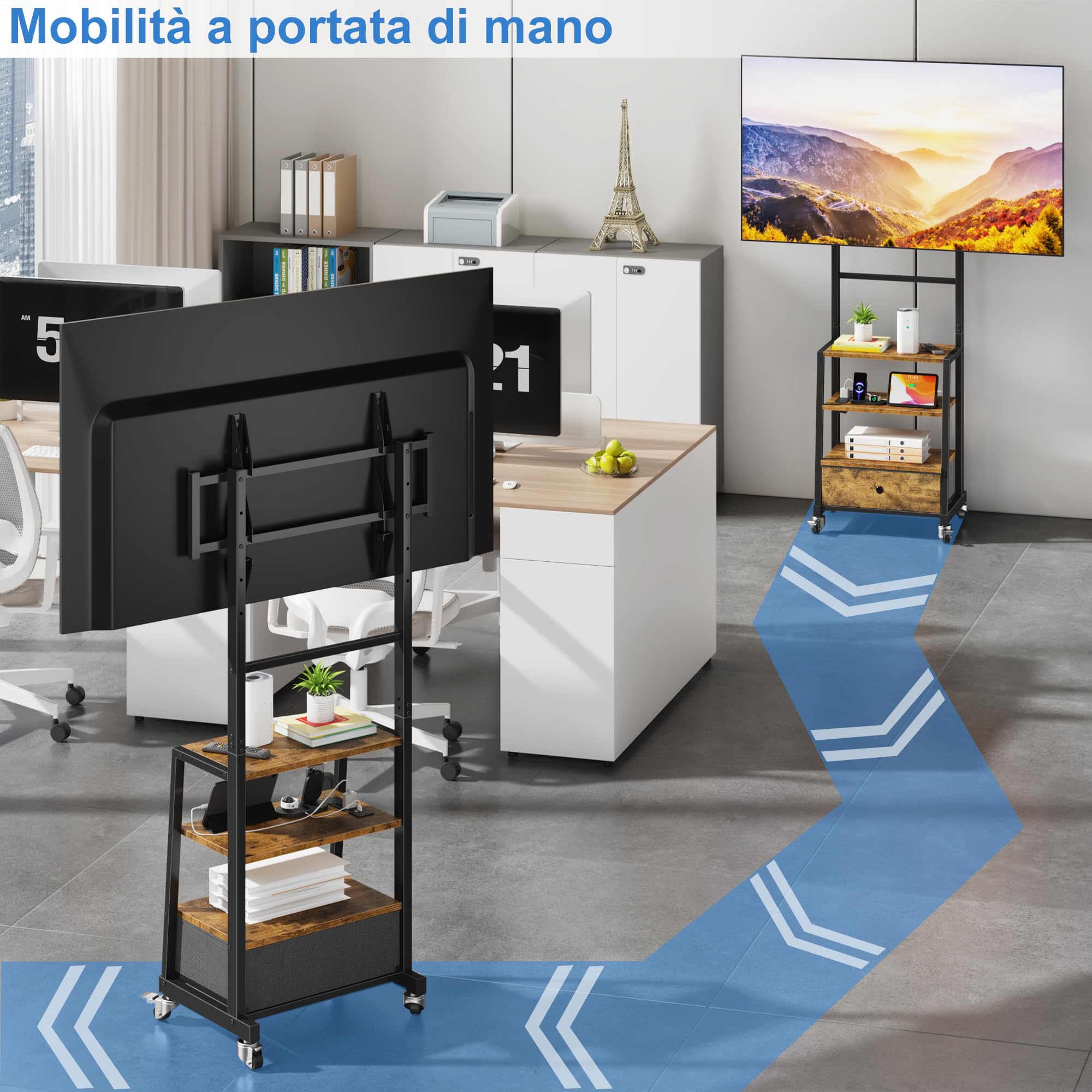 Supporto TV da Pavimento con Ruote per TV 32-75 Pollici, Marrone | Presa di Corrente e USB | 3 Ripiani | Cassetto in Tessuto | Altezza Regolabile | Max VESA 600x400 mm | Carico 50 kg