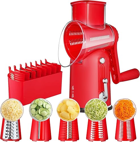 Miniatura 10 de Rallador de queso giratorio con manivela manual de 5 en 1 con cuchillas intercambiables y base de succión fuerte para verduras, triturador manual y
