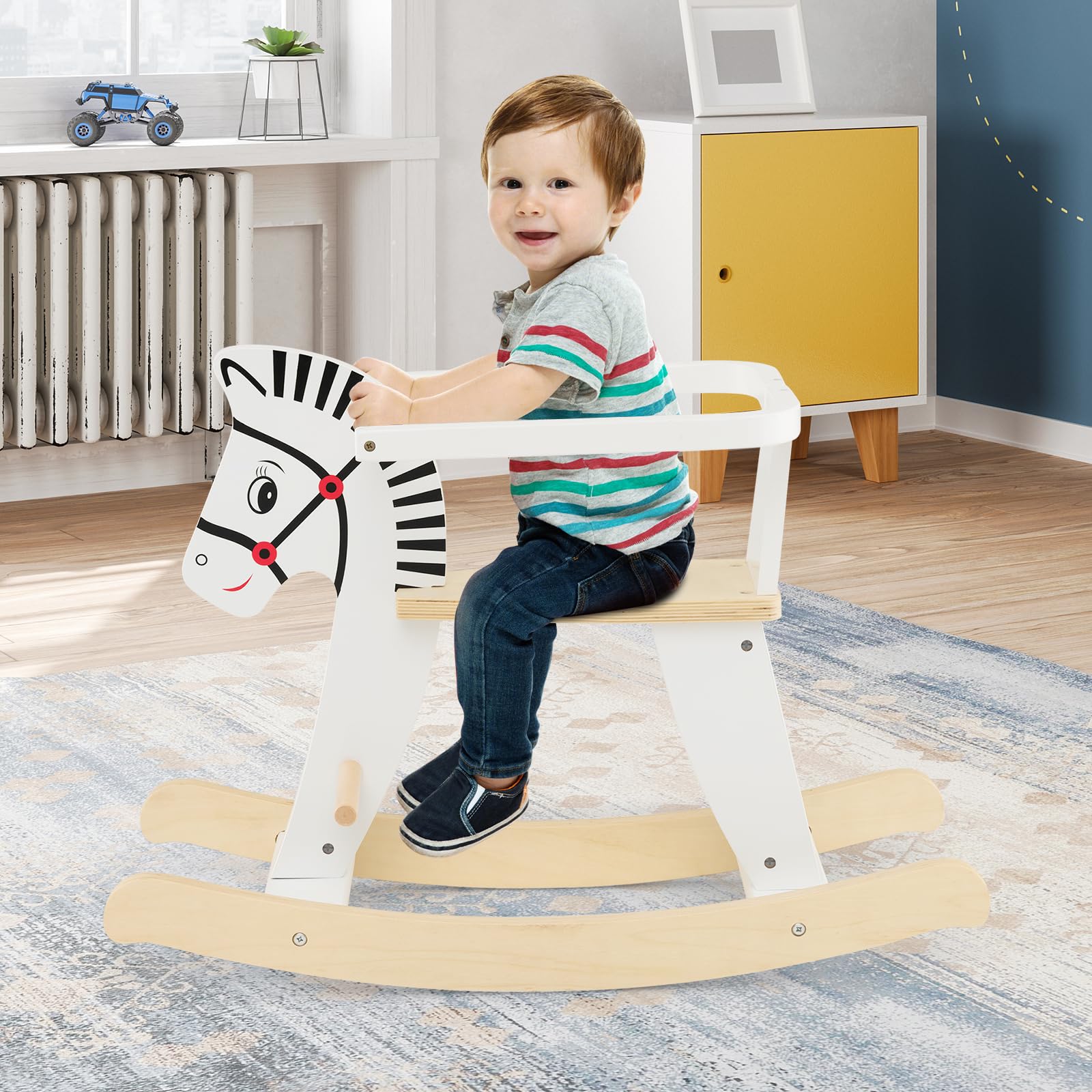 COSTWAY Caballito de Madera de Balancín, Balancines para Bebes con Vallas Extraíbles, Equilibrio Suave de 11-22 Grados, Asiento y Respaldo Cómodos, Caballo Mecedor de Madera para Niños de 3+ Años