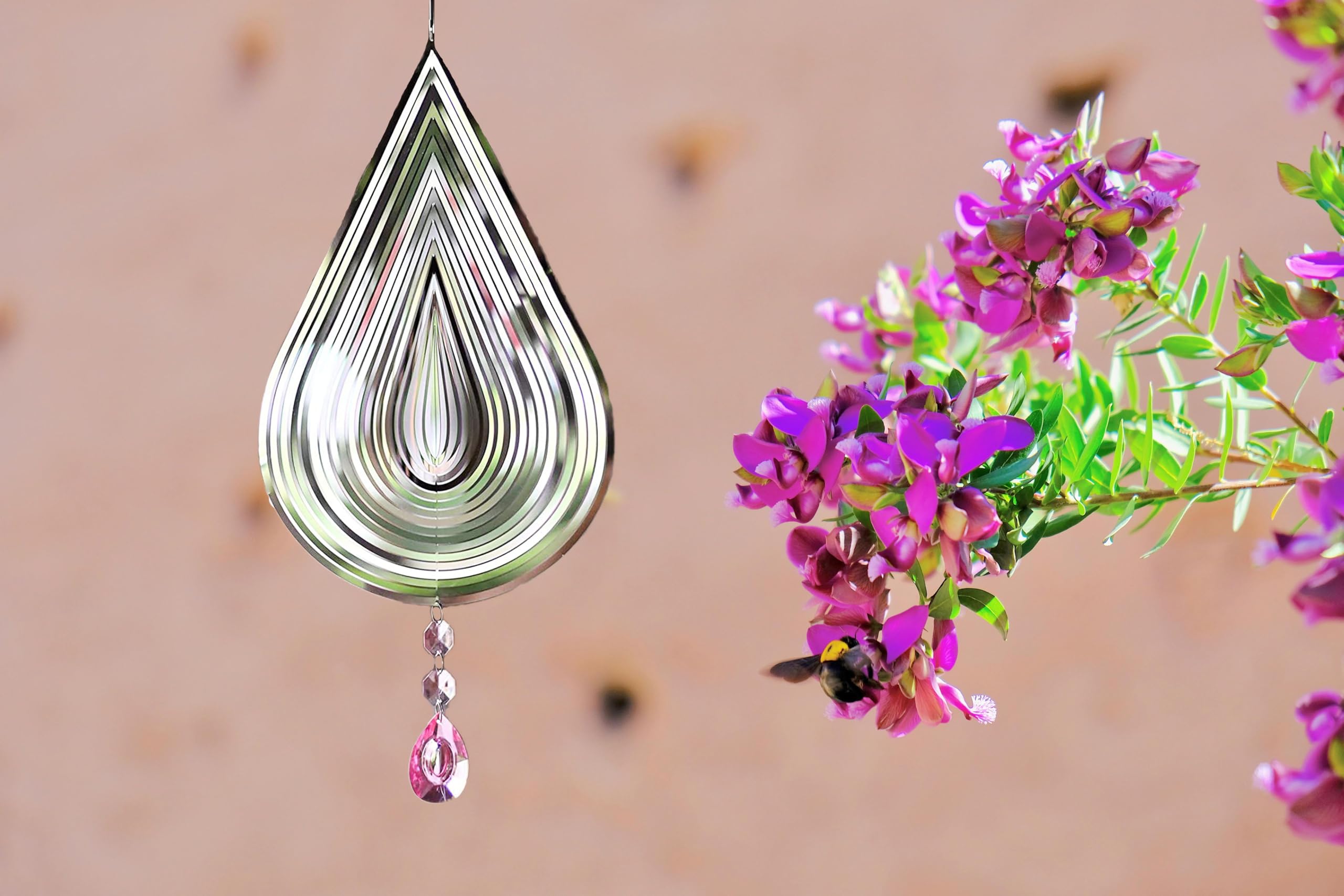 DOFE 19.5inch Silver Wind Spinners Outdoor Metal 3D Wind Spinner Stainless Steel Drop-Shaped Pattern with Colorful Crystals Pendant & 360° Rotating Hook Hanging Garden Decor.