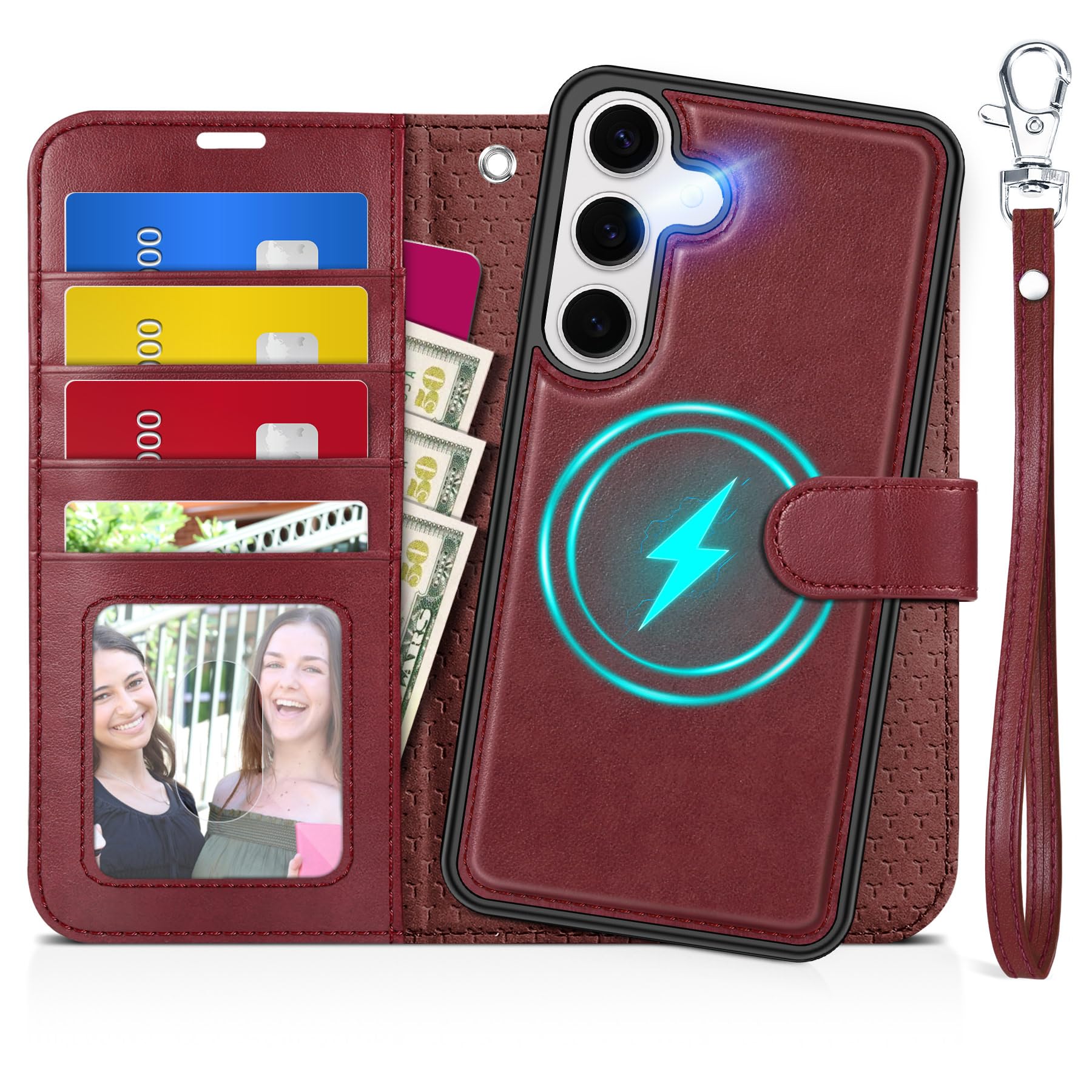 TUCCH Case for Galaxy S25, Detachable Wallet Case with Wrist Strap [Wireless Charging] RFID Blocking 4 Card Holder, Removable Stand PU Leather Flip