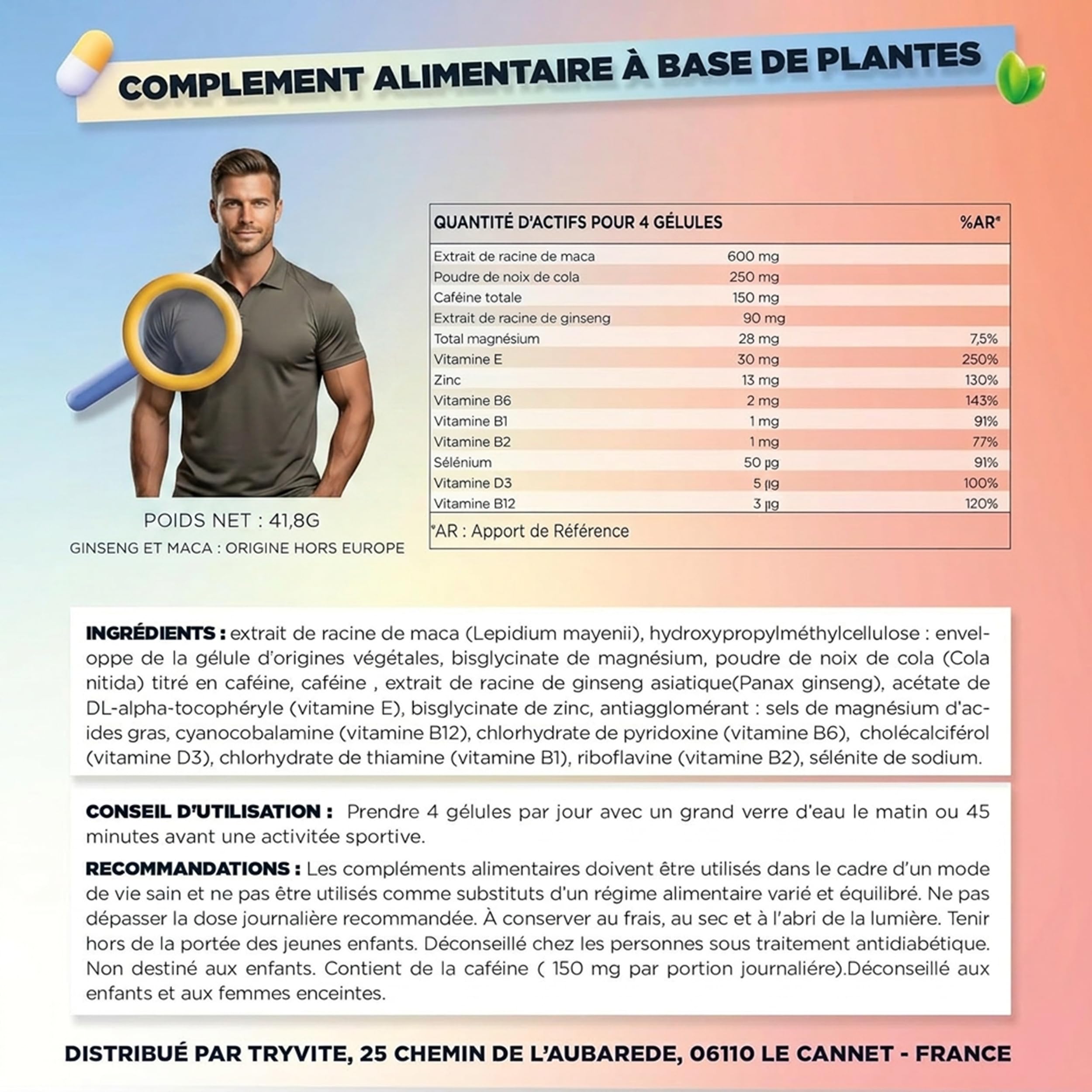 TRYVITE | Formule TESTO | Routine Active, Sport, & Moments Importants | Maca, Ginseng, Cola, Caféine, Zinc & Vitamines | 90 Gélules Végétales