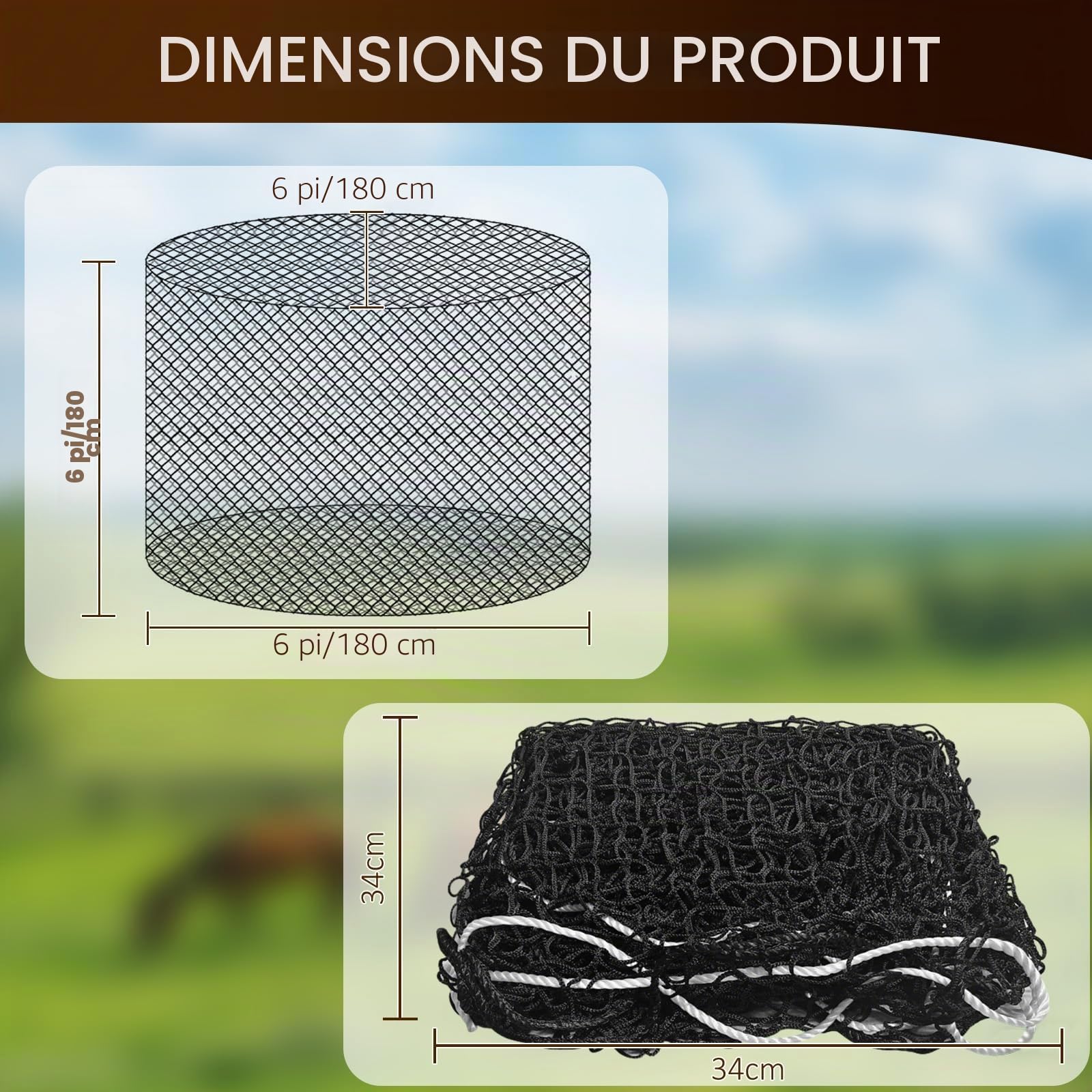 Filet à Foin pour Balles, Rondes ⌀180cm×H180cm, Filet a Foin pour Chevaux/Bovins/Moutons, Convient pour Râtelier à Foin, Maille 4 x 4 cm