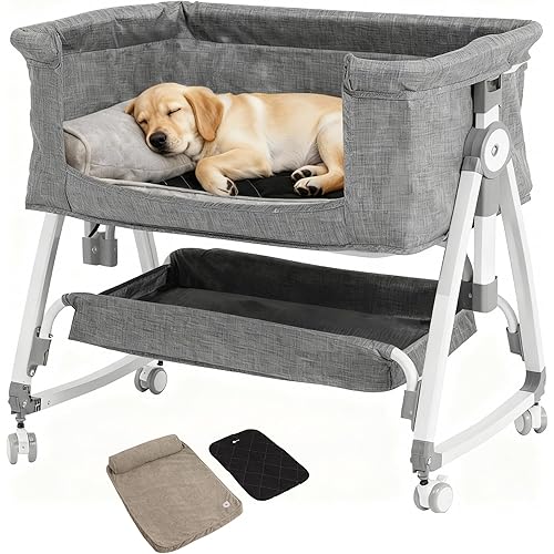 Bedside Dog Bed Co Sleeper- 6-Level Adjustable Elevated Dog Bassinet for Small Medium Dogs & Cats, Pet Bed Attachment to Human Bed, Lockable Wheels, 2 Removable & Washable Cushions