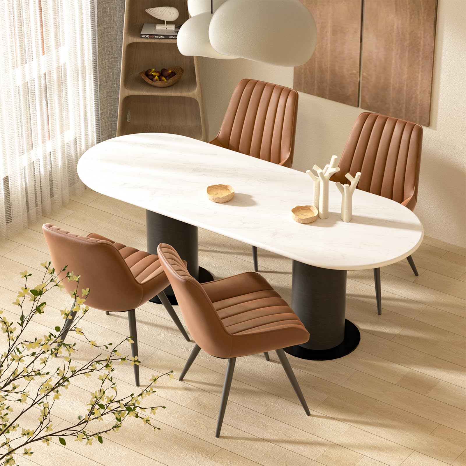 Hawthyhome Dining Chairs Set of 4 Upholstered Chairs with 10cm Thick Seat Cushion Fabric Dining Chair Backrest Modern Armchairs with Metal Legs Brown