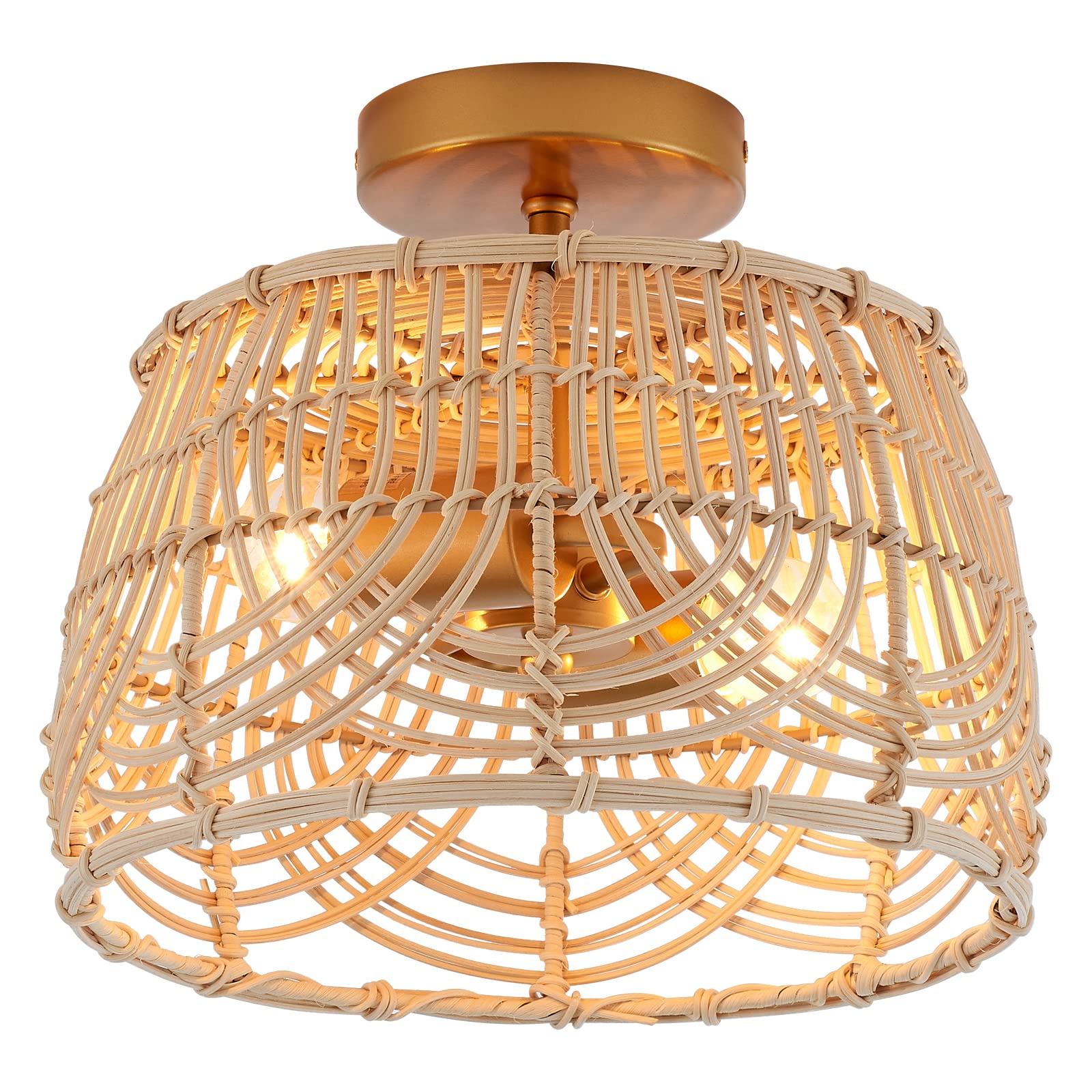 MhyTogn Woven Rattan Bamboo Brass Flush Mount Ceiling Light， Wicker ...