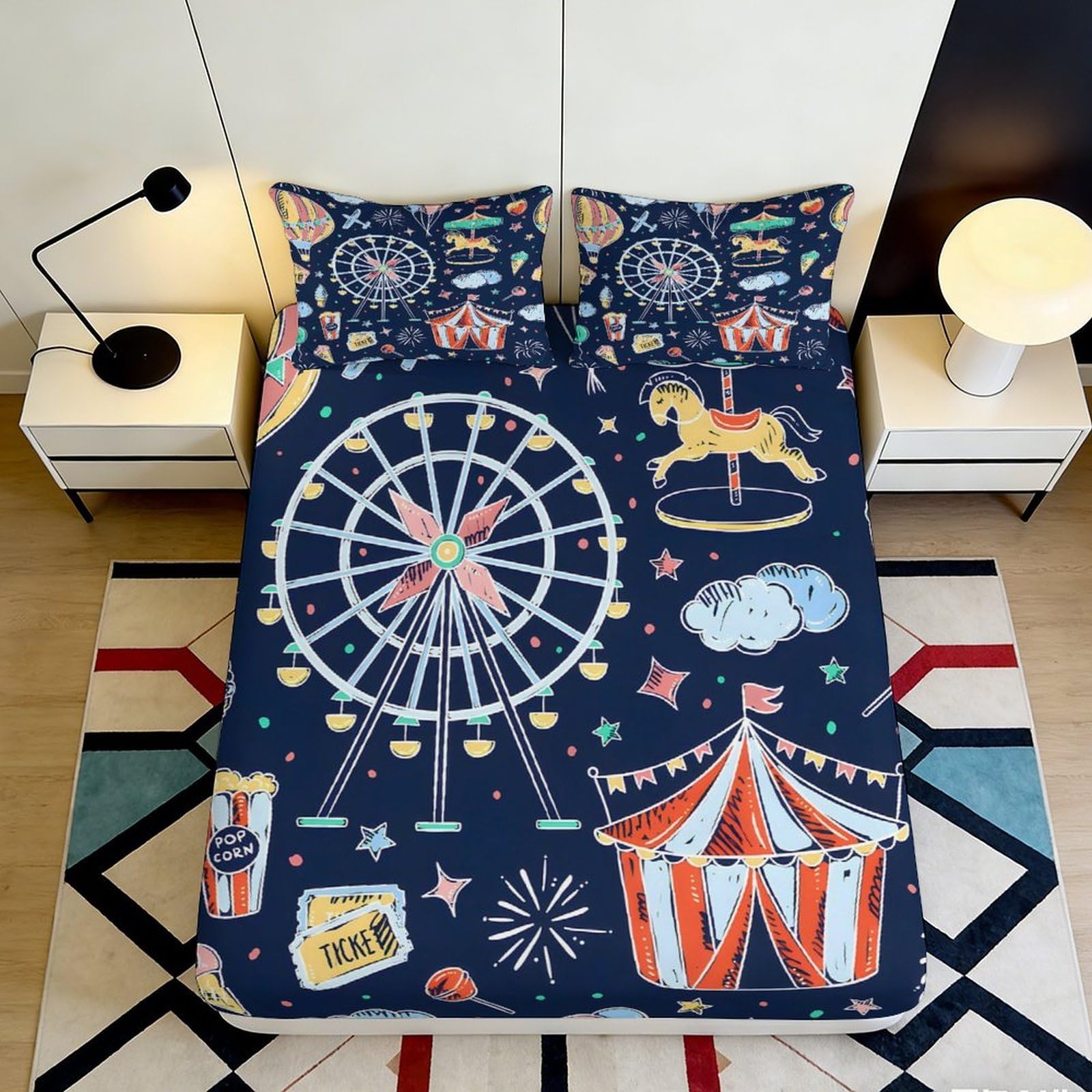 3D Printed Carnival Ferris Wheel Fitted Sheet Microfiber Navy Blue Circus Tent Mattress Cover Bedroom Home Decor 90x200x25cm