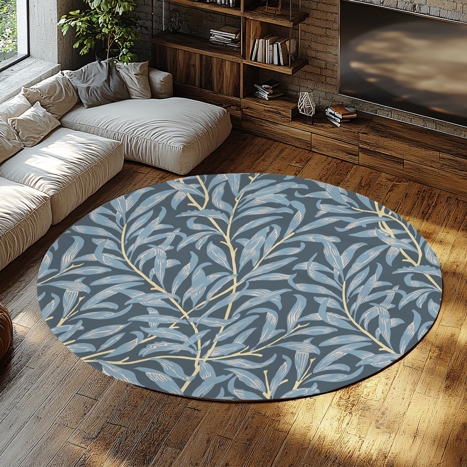 Petits Tapis Ronds 200cm Tapis Bleu Sauge Feuilles Botaniques Lavable et Léger