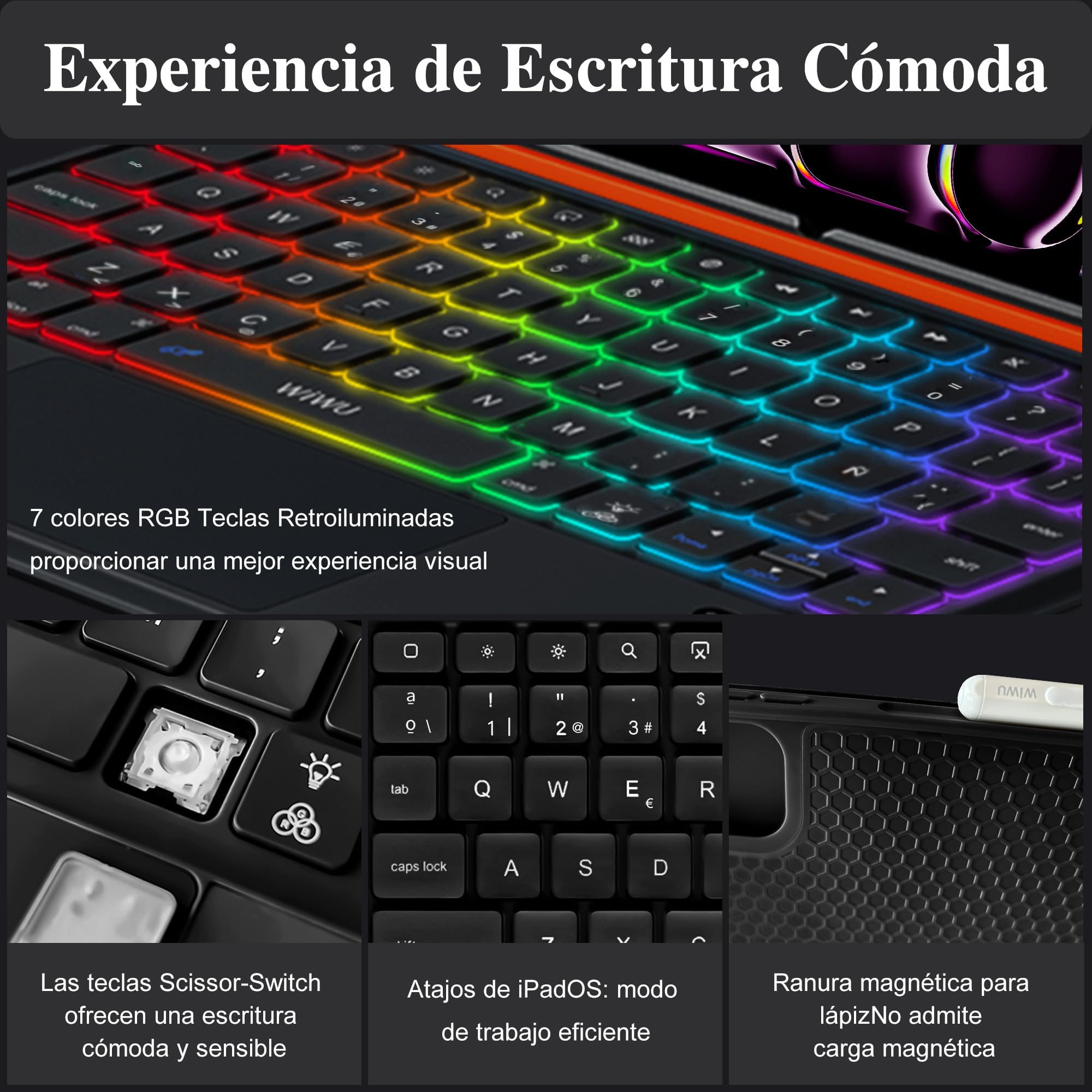 WIWU Funda Teclado para iPad Pro 13 M4/M5 2024/2025 Carcasa Magnética 3 en 1 Desmontable Teclado con Touchpad Soporte Ajustable Teclas Retroiluminadas 7 Colores (Negro, iPad Pro 13"(M4/M5 2024/2025)