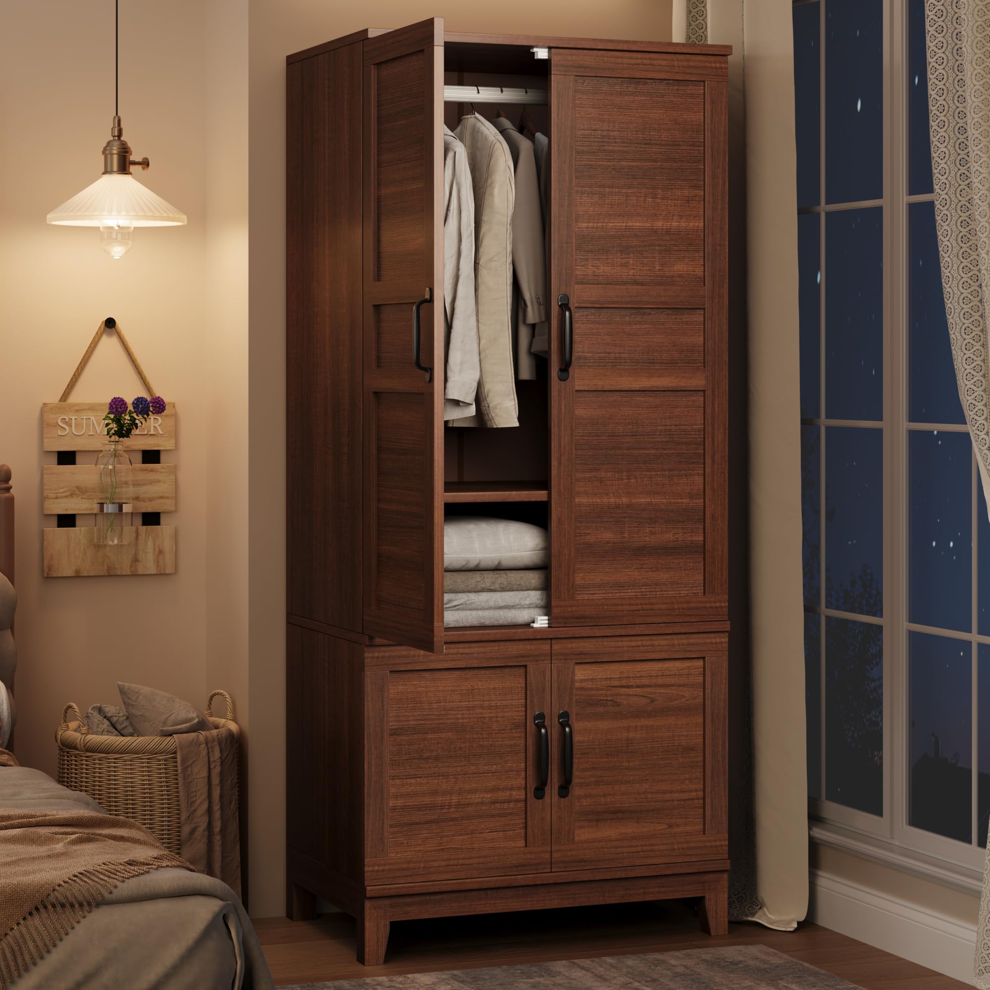 Photo 1 of *BOX 2 of 2******GarveeHome 72" Tall Armoire Wardrobe Closet with 4 Doors, Large Wooden Wardrobe Cabinet with Hanging Rod and Adjustable Shelves, Freestanding Clothing Storage Cabinet for Bedroom, Walnut Brown