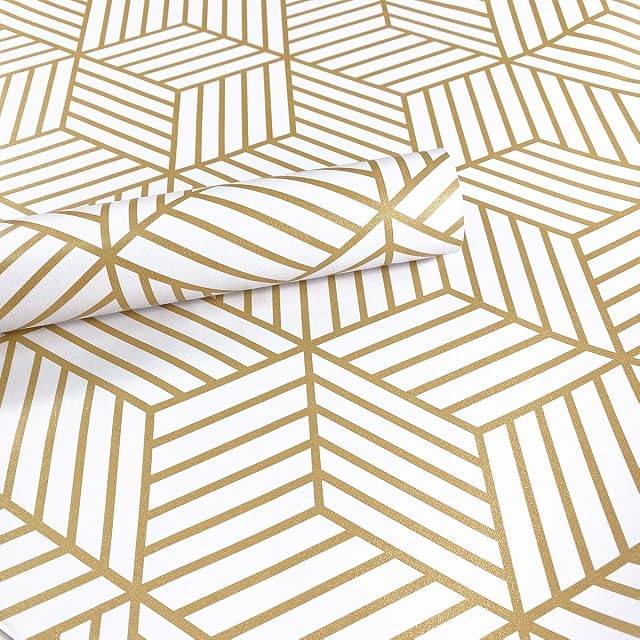 Meboem Champagne Gold Stripped Peel Stick Wallpaper Hexagon Gold Stripes Adhesive Paper Vinyl Film Shelf Drawer Liner Roll 45cm by 250cm